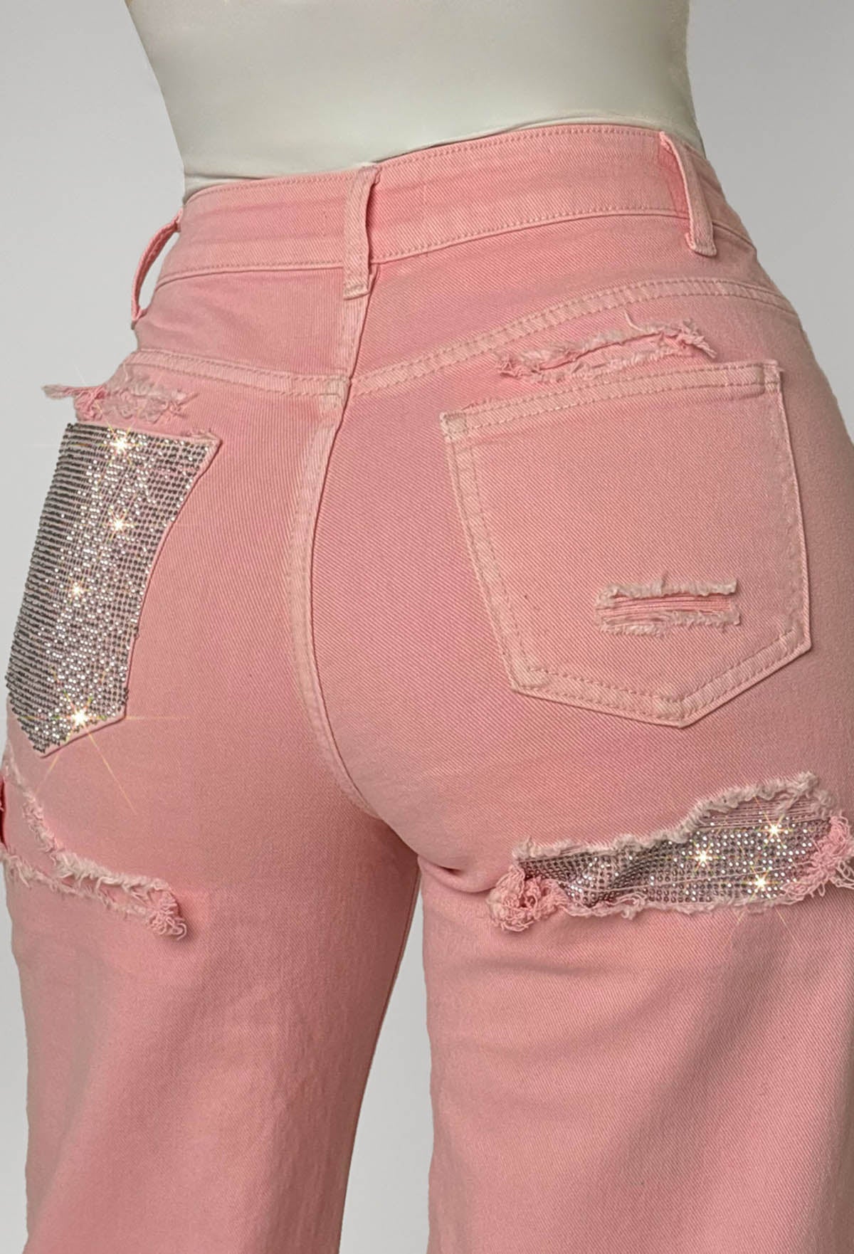 Seek Me Out Light Pink Ripped Denim Hot Fix Stretch Jeans