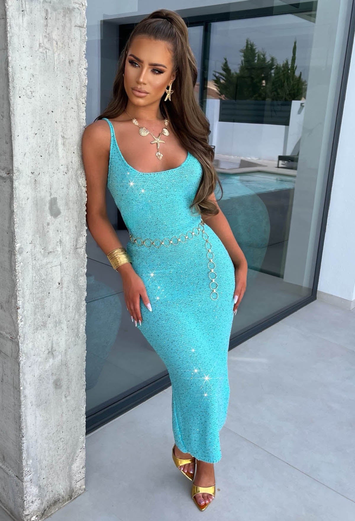 Serene Sands Aqua Knitted Sequin Dress