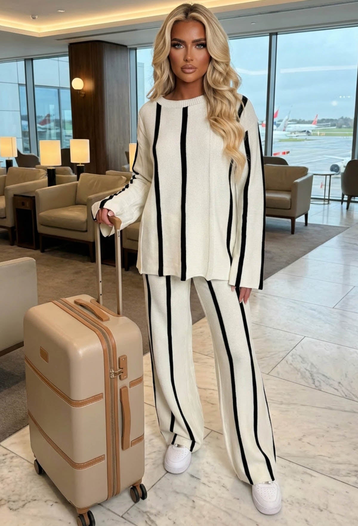 Serene Stripes Cream Knitted Vertical Stripe Co-ord Set