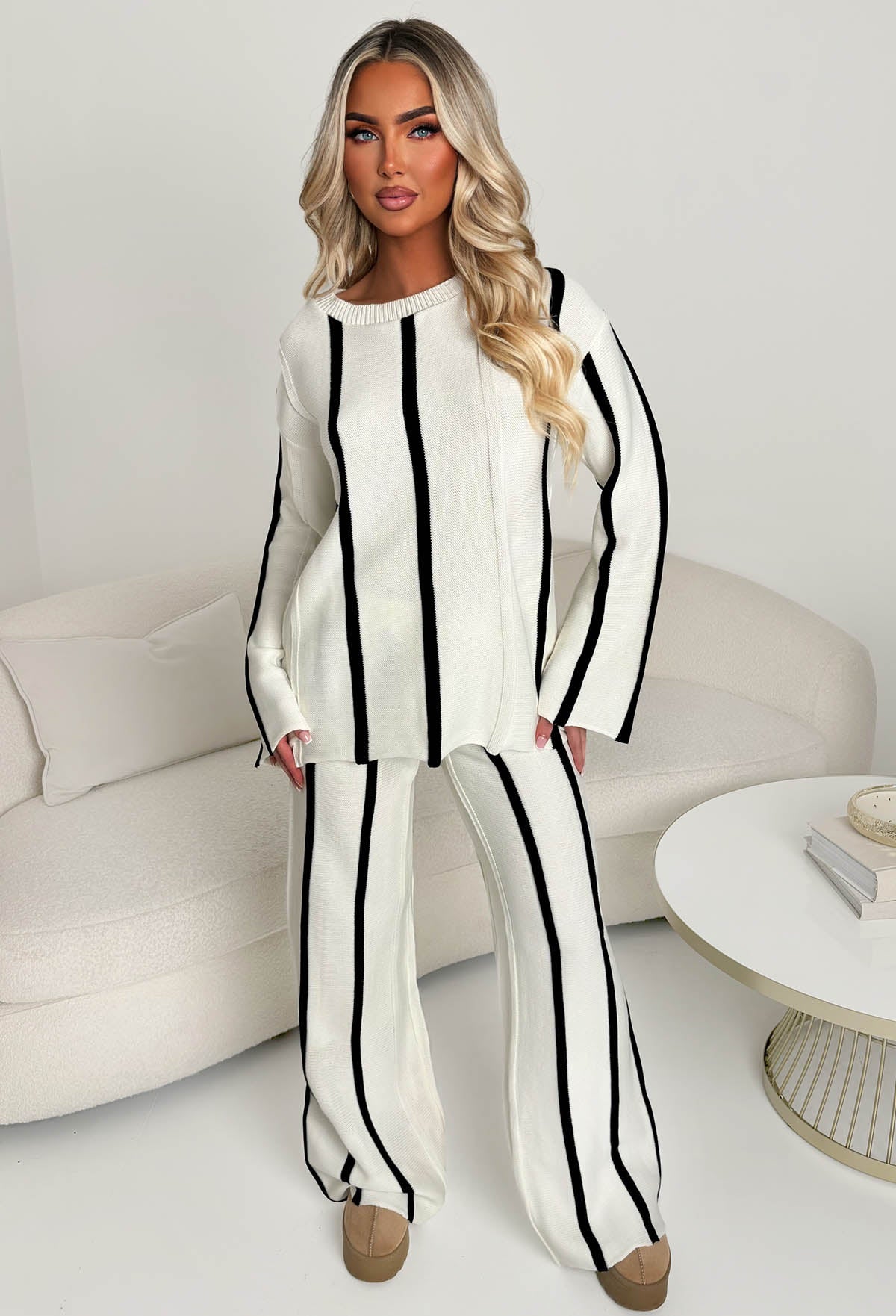 Serene Stripes Cream Knitted Vertical Stripe Co-ord Set