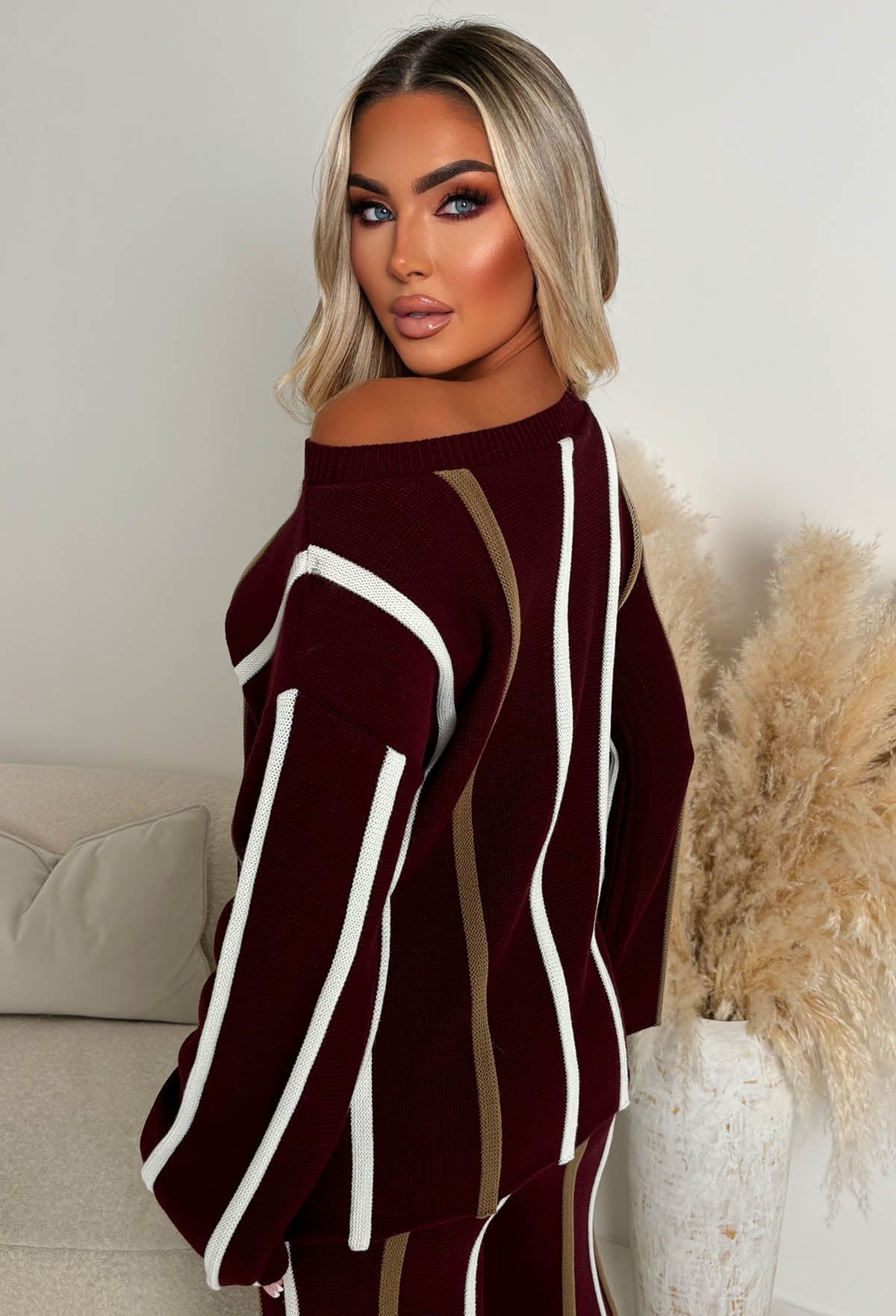Serene Stripes Wine Knitted Vertical Stripe Co-Ord Set