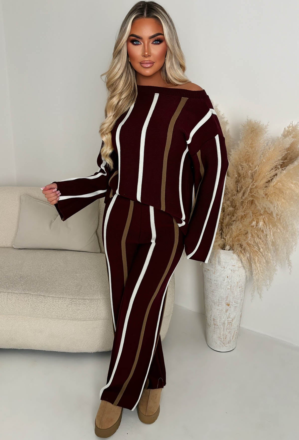 Serene Stripes Wine Knitted Vertical Stripe Co-Ord Set