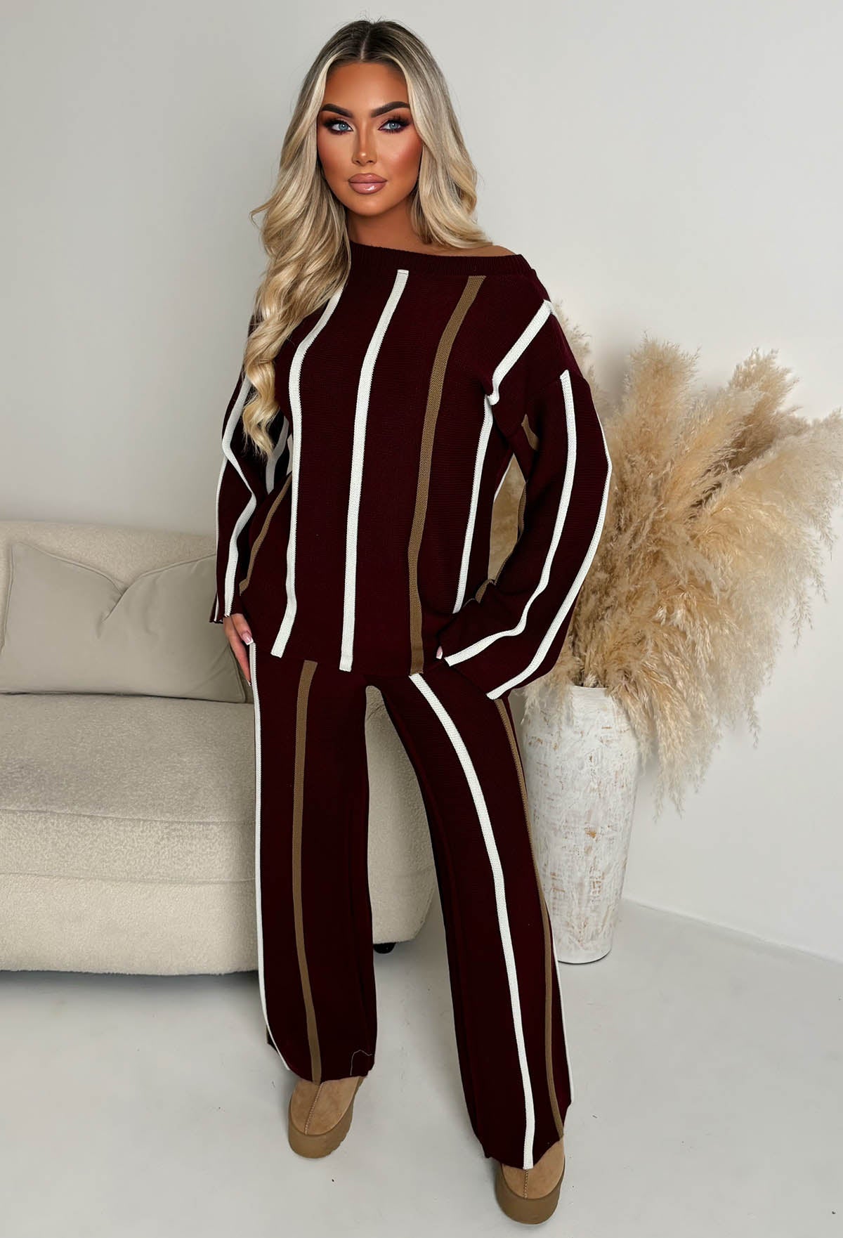 Serene Stripes Wine Knitted Vertical Stripe Co-Ord Set