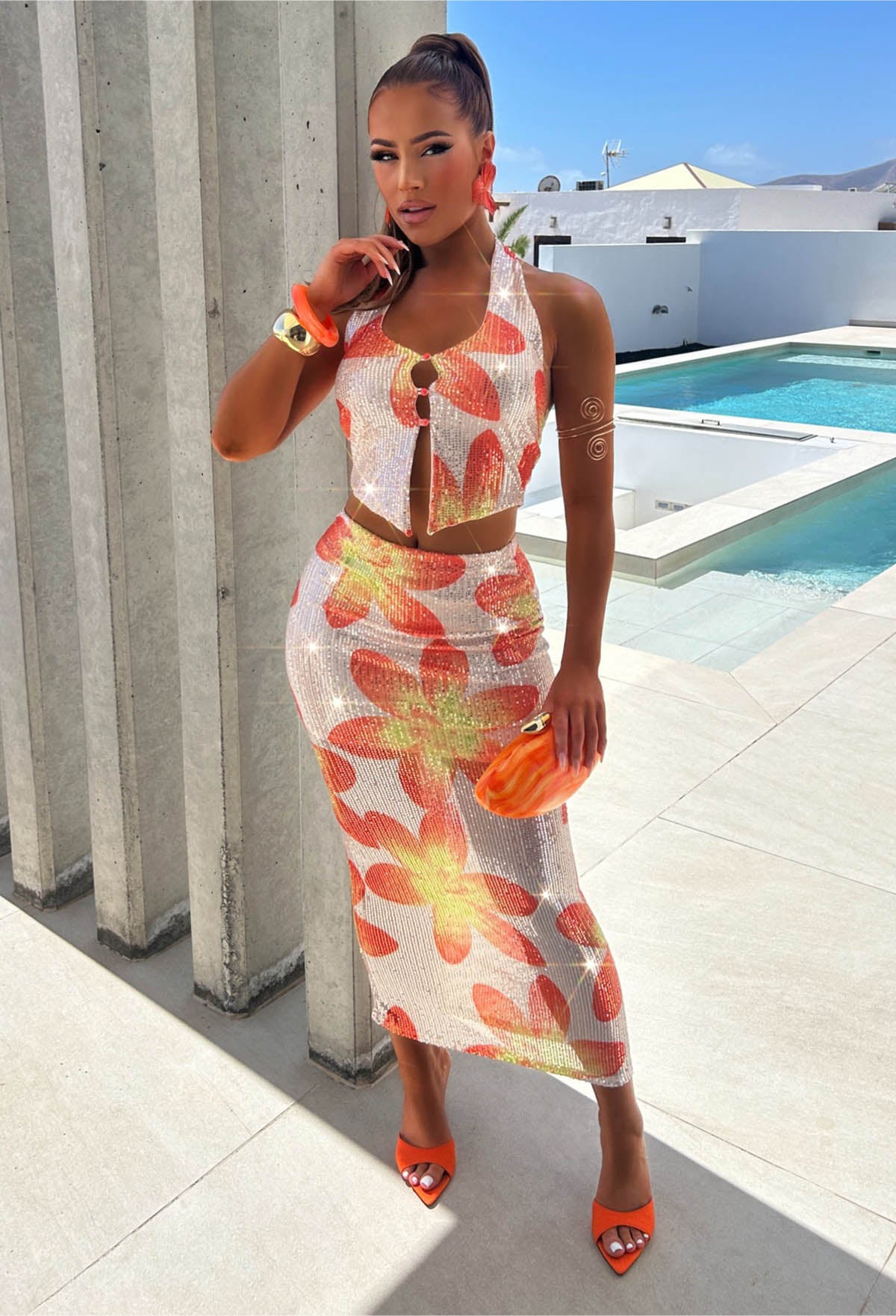 Setting Desires Orange Floral Print Sequin Co-Ord Set