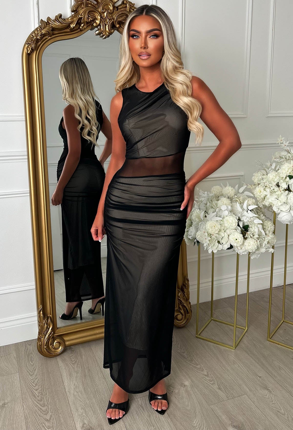 Shadow Seduction Black Ruched Mesh Panel Midaxi Dress