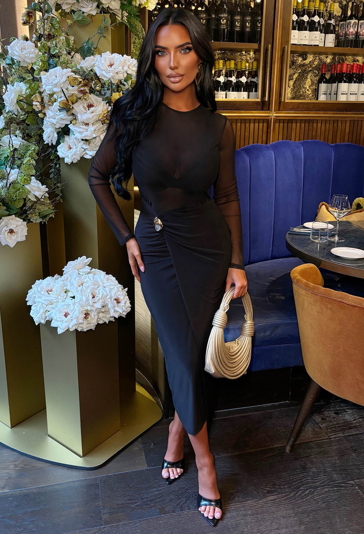 Sheer Deluxe Black Mesh Top Drape Midi Dress