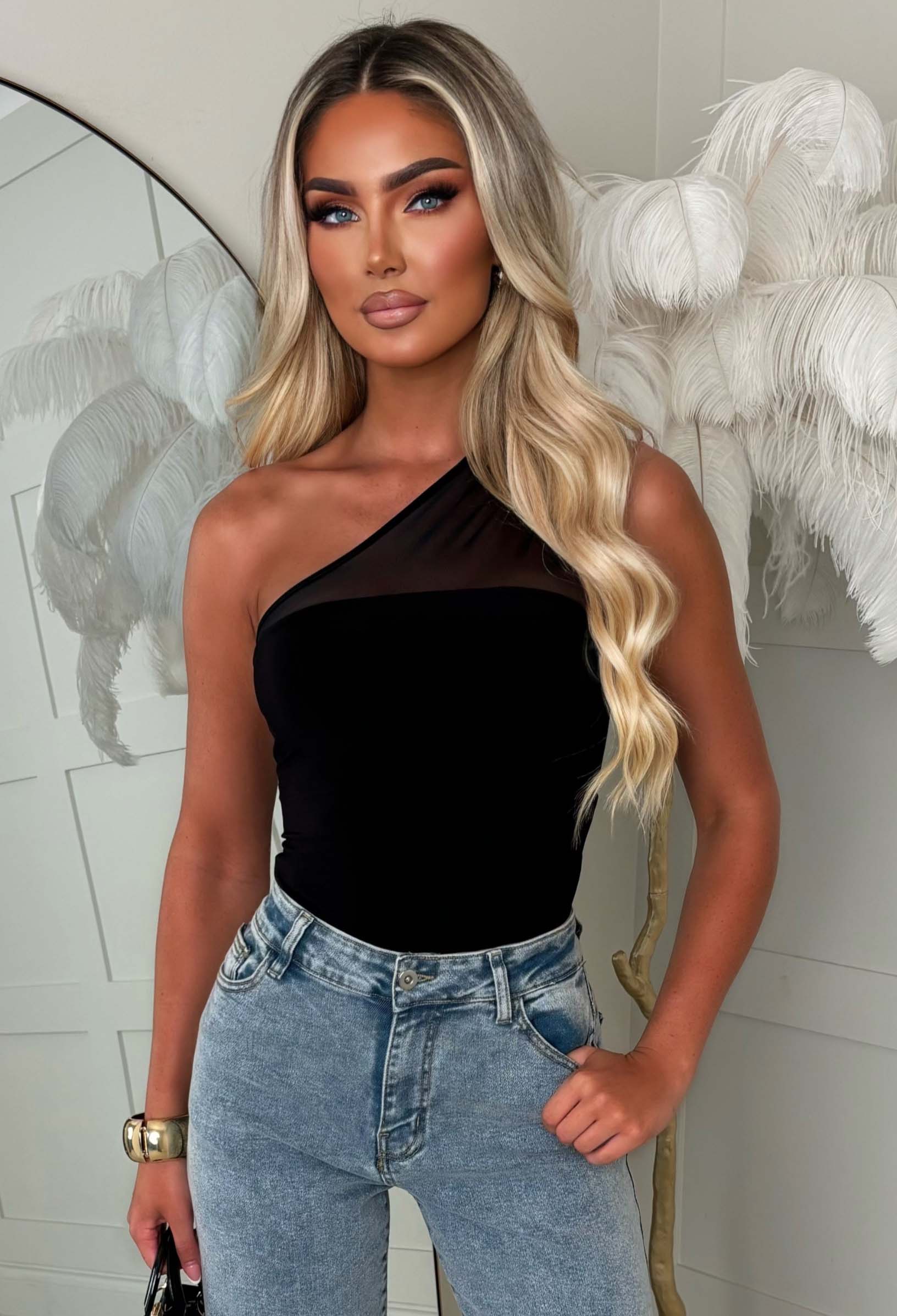 Sheer Desire Black One Shoulder Jersey Mesh Ruched Bodysuit | Pink