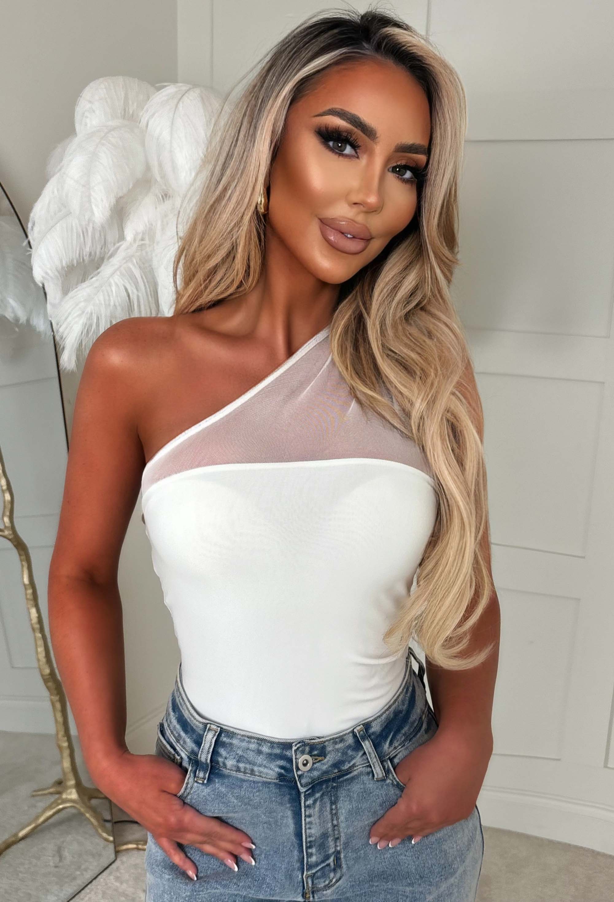 Sheer Desire White One Shoulder Jersey Mesh Ruched Bodysuit