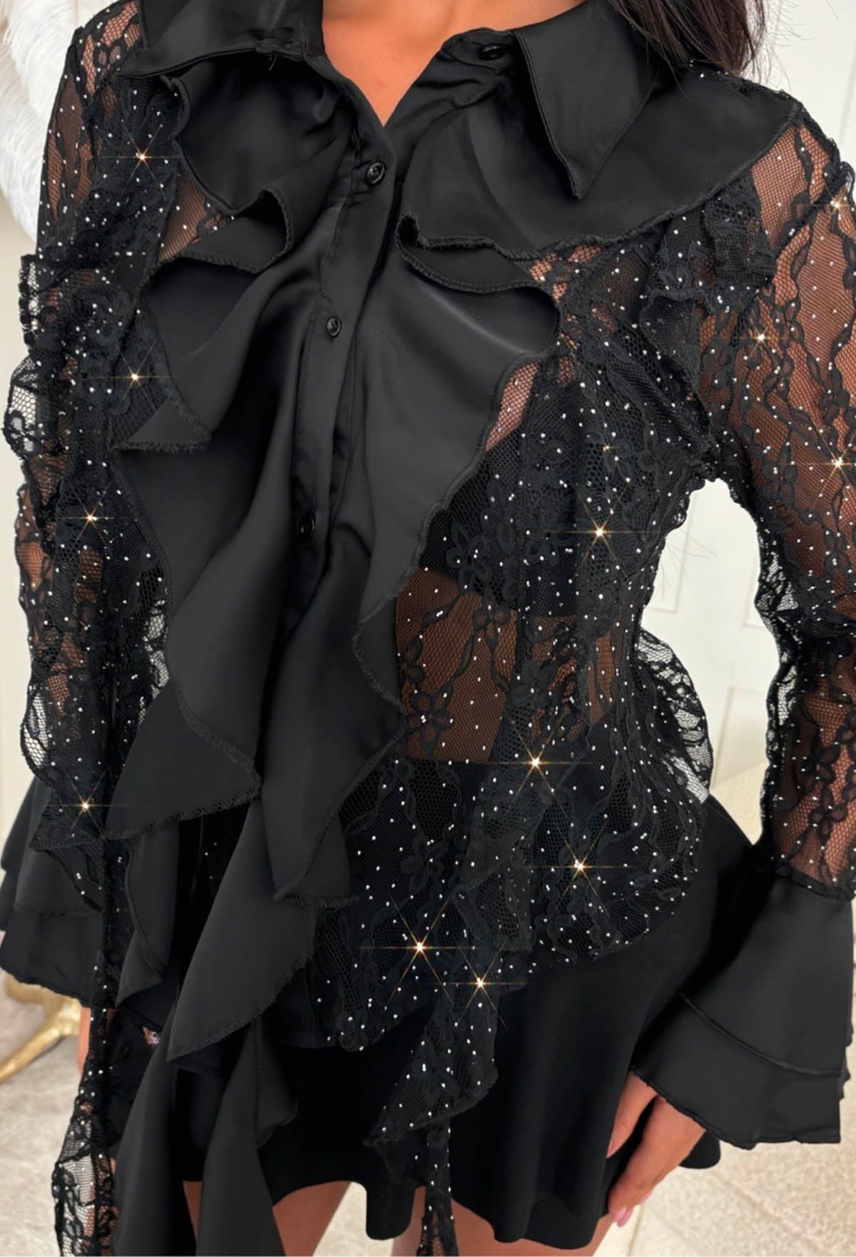 Sheer Statement Black Lace Frill Shirt | Pink Boutique