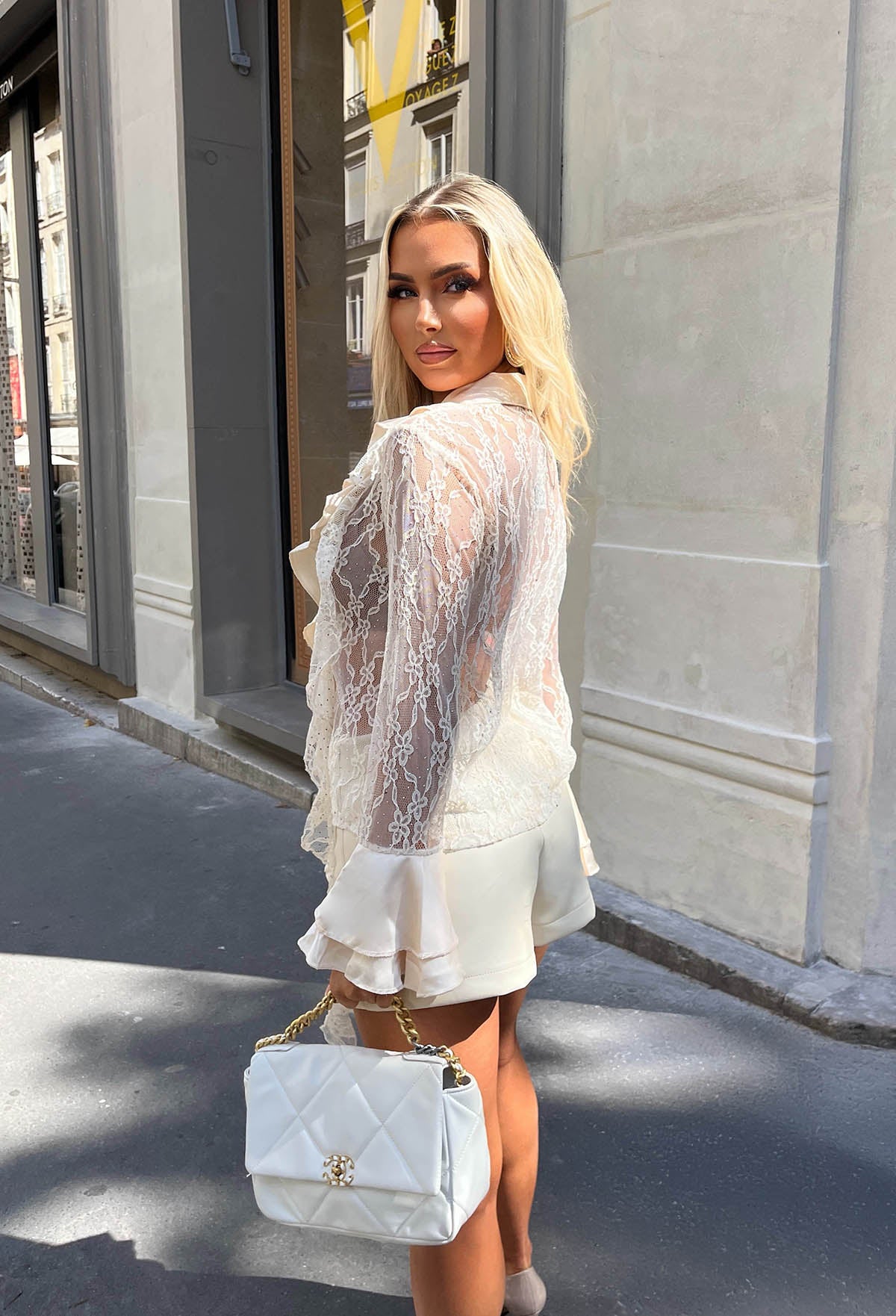 Sheer Statement Cream Lace Frill Shirt | Pink Boutique