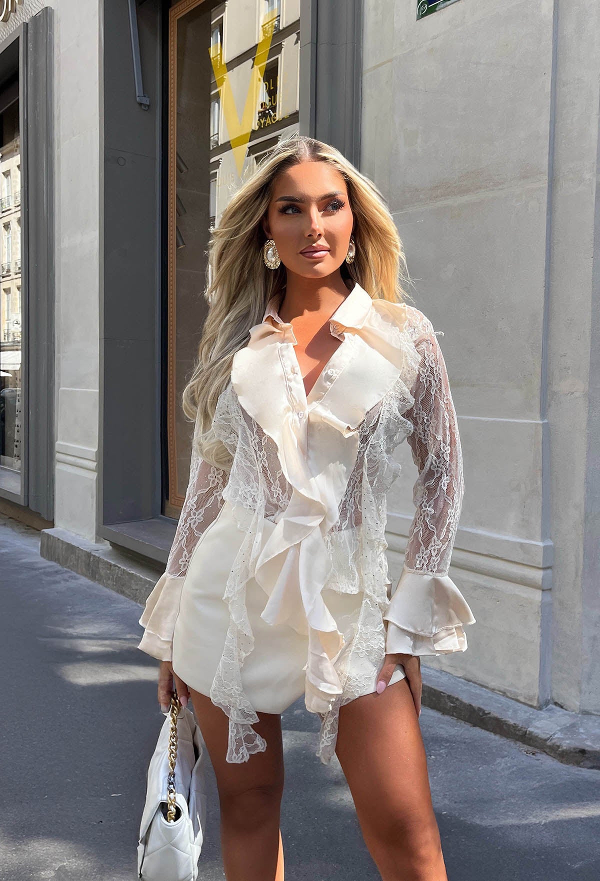 Sheer Statement Cream Lace Frill Shirt