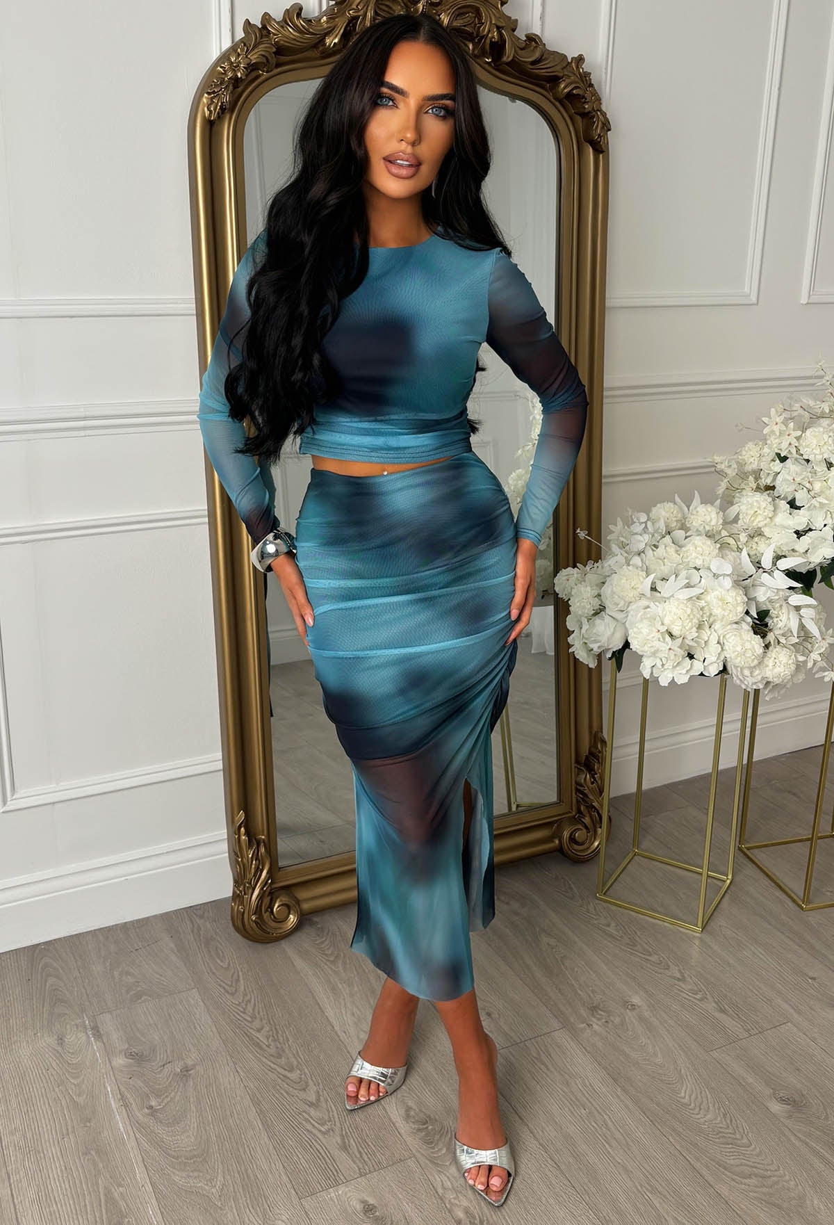 She's A Masterpiece Blue Marble Print Mesh Co-Ord Set