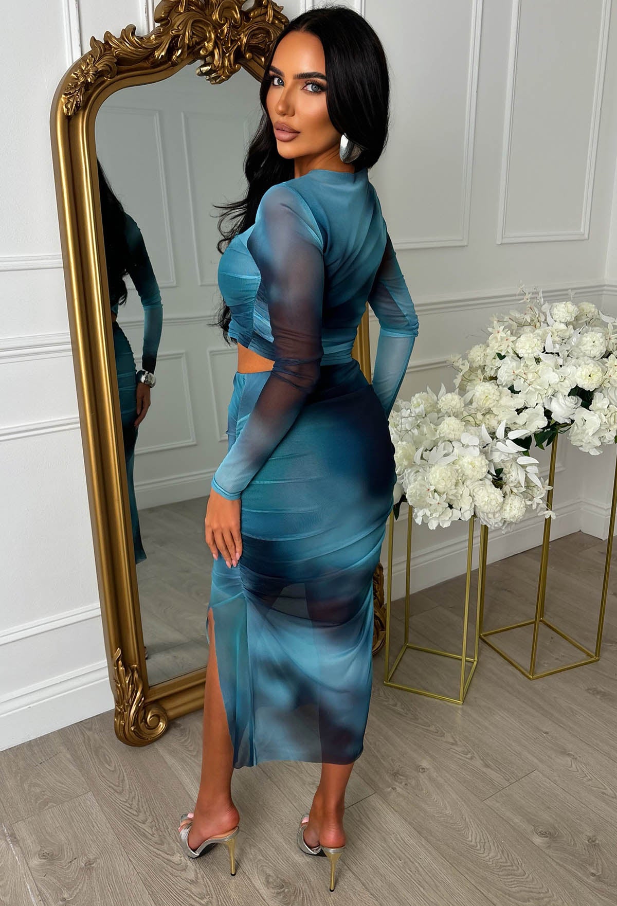 She's A Masterpiece Blue Marble Print Mesh Co-Ord Set