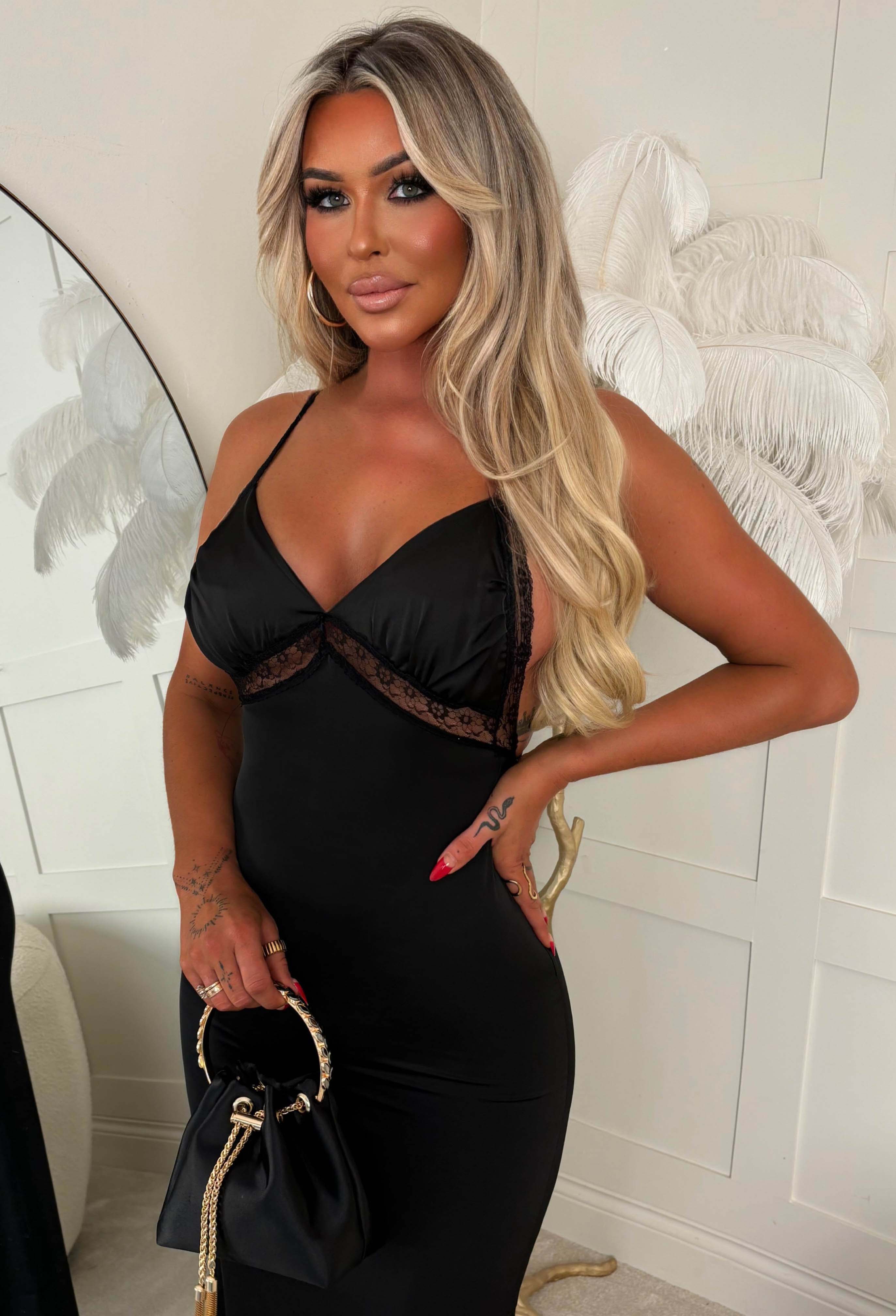 She's A Showstopper Black Satin Lace Maxi Cami Dress