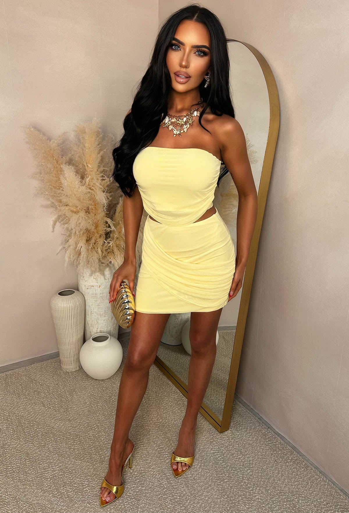 She's All That Lemon Draped Mesh Top & Mini Skirt Co-Ord Set