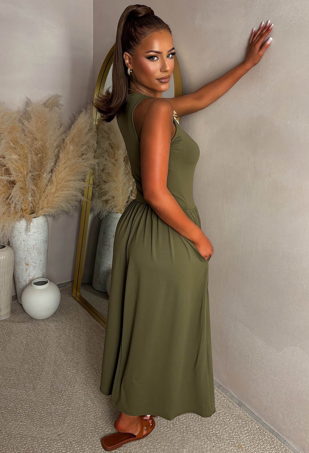 She's The Best Khaki Gathered Skirt Midaxi Dress