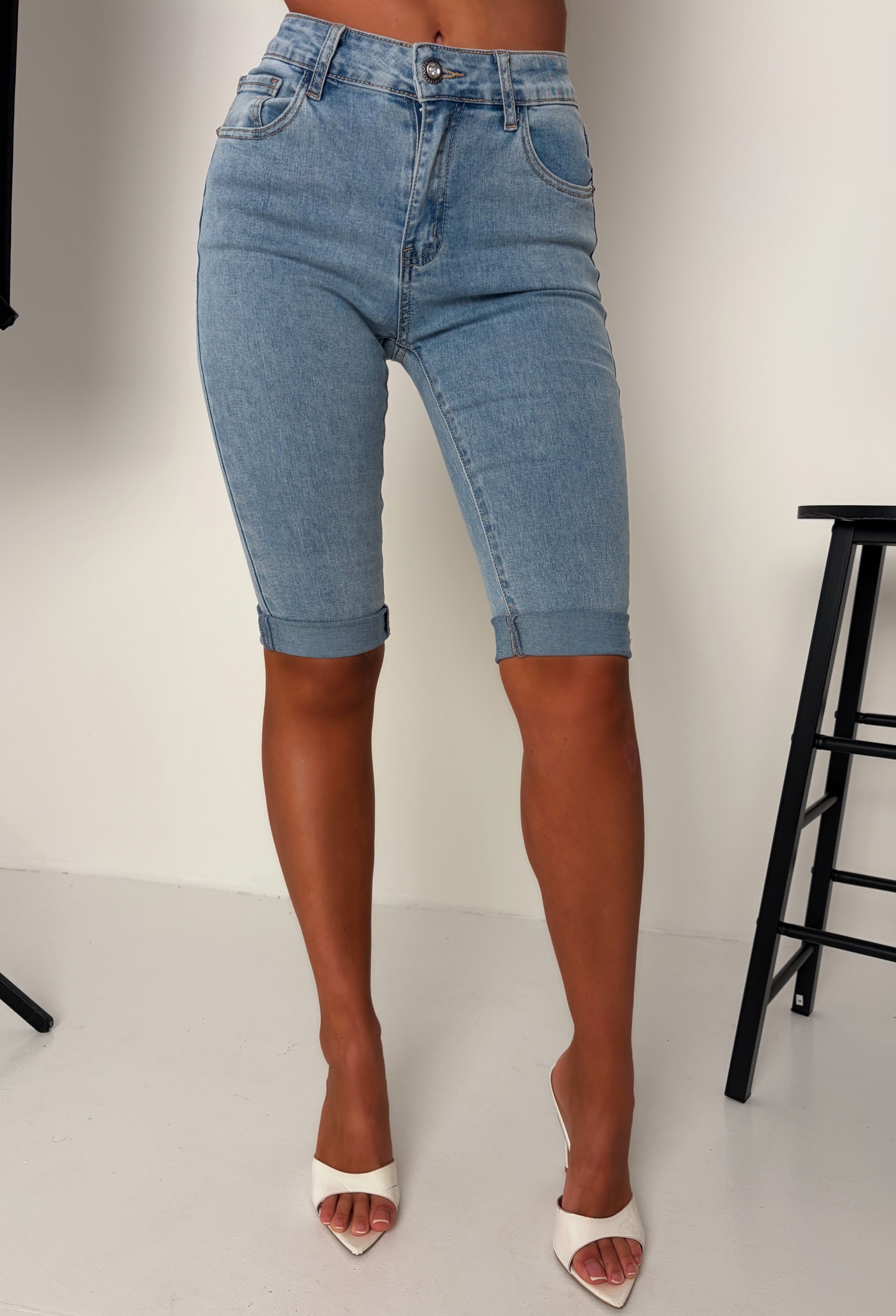 She's Untouchable Light Wash Stretch Pedal Pusher Turn Up Capri Jeans