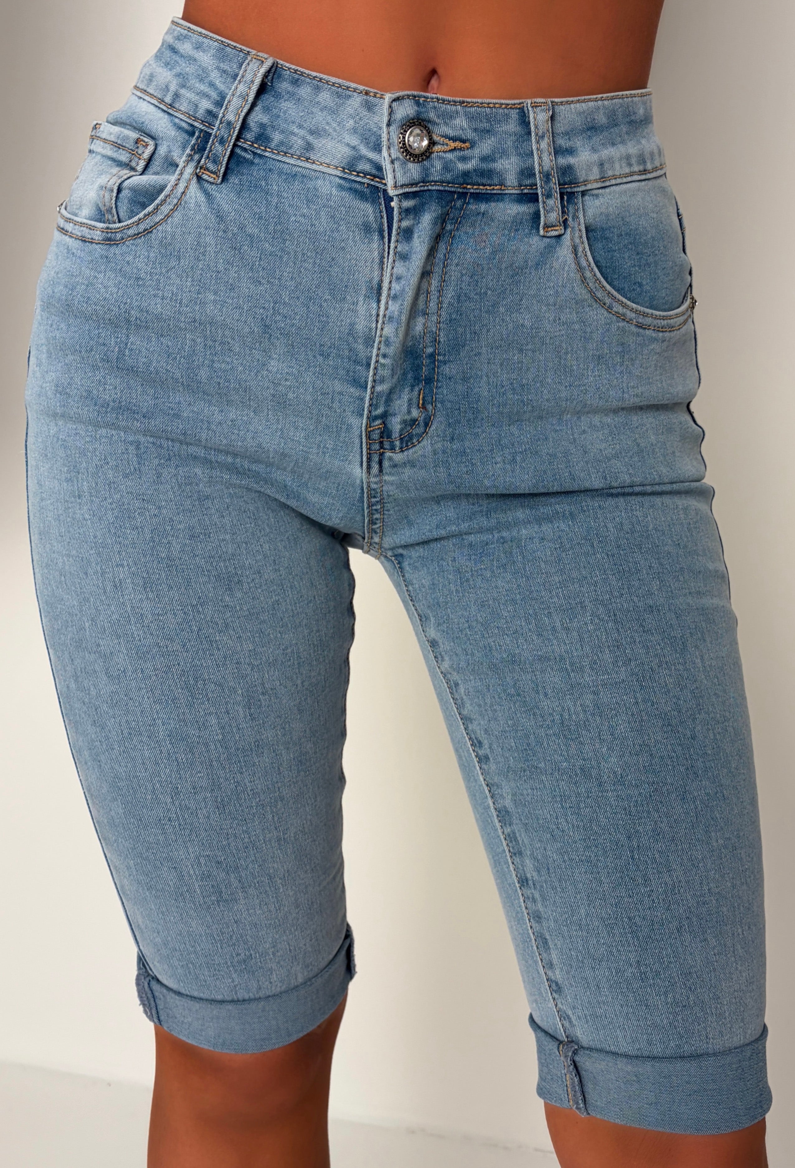 She's Untouchable Light Wash Stretch Pedal Pusher Turn Up Capri Jeans