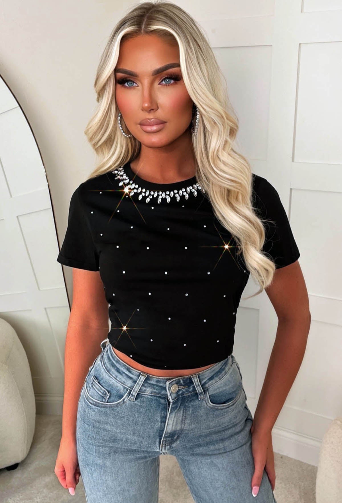Shine Bright Black Embellished T-shirt