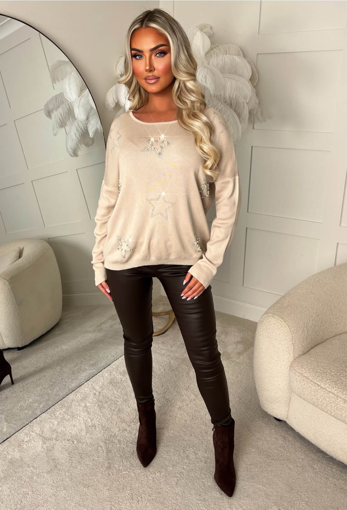 Shine Brightly Beige Pearl Star Knitted Jumper