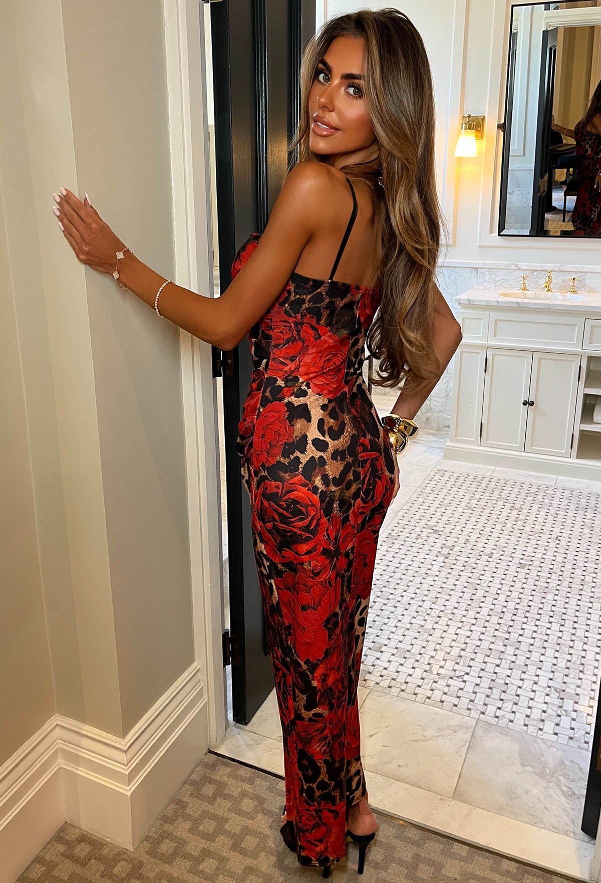 Show Some Love Multi Notch Neck Ruched Print Midi Dress