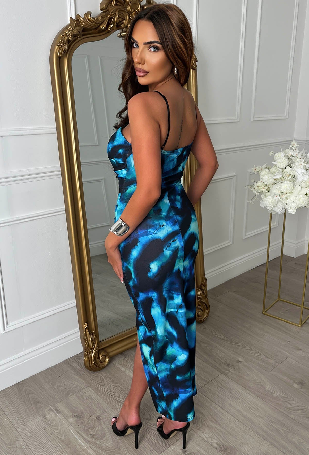 Show Your Wild Side Blue Notch Neck Ruched Print Midi Dress