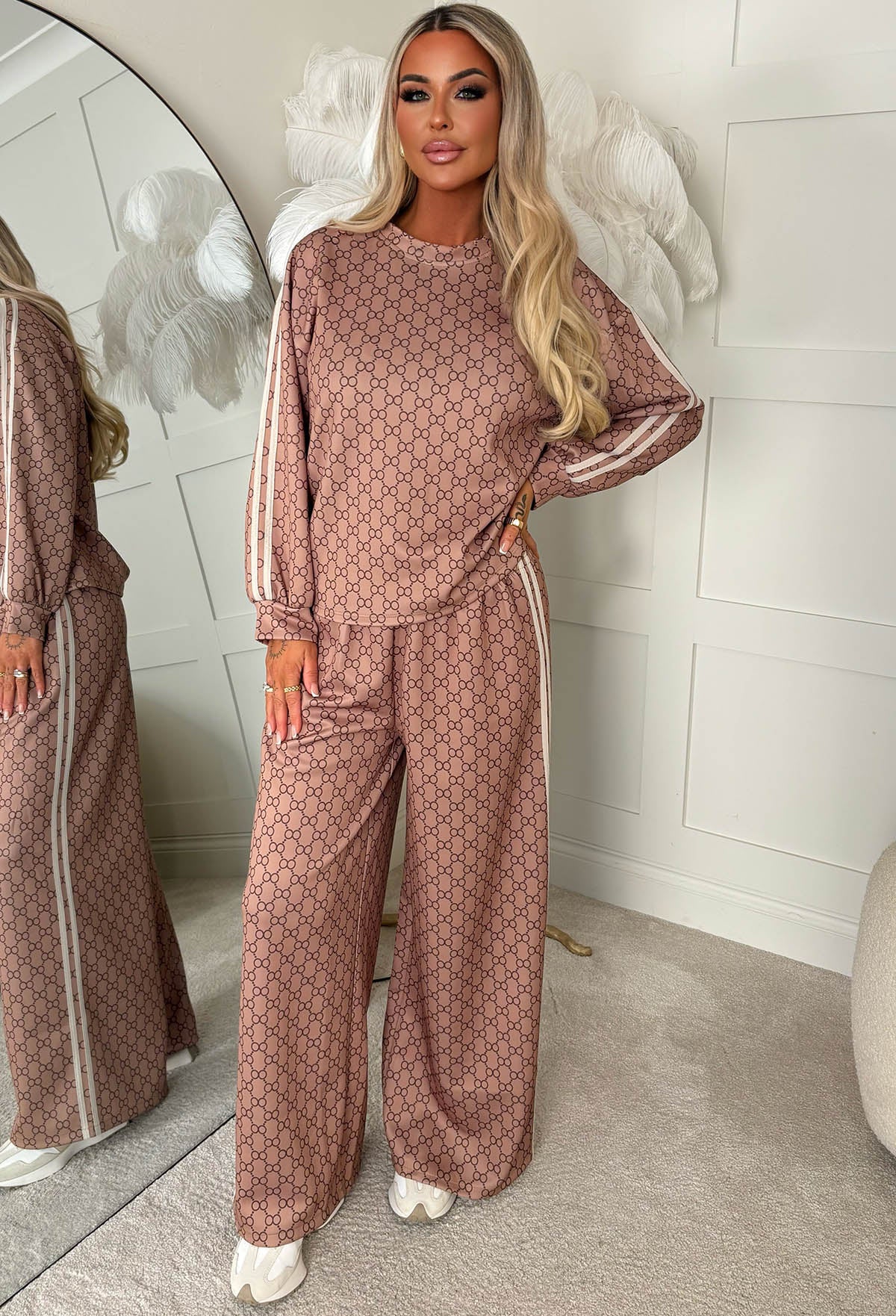 Signature Set Beige Monogram Sweatshirt & Joggers Lounge Co-Ord Set