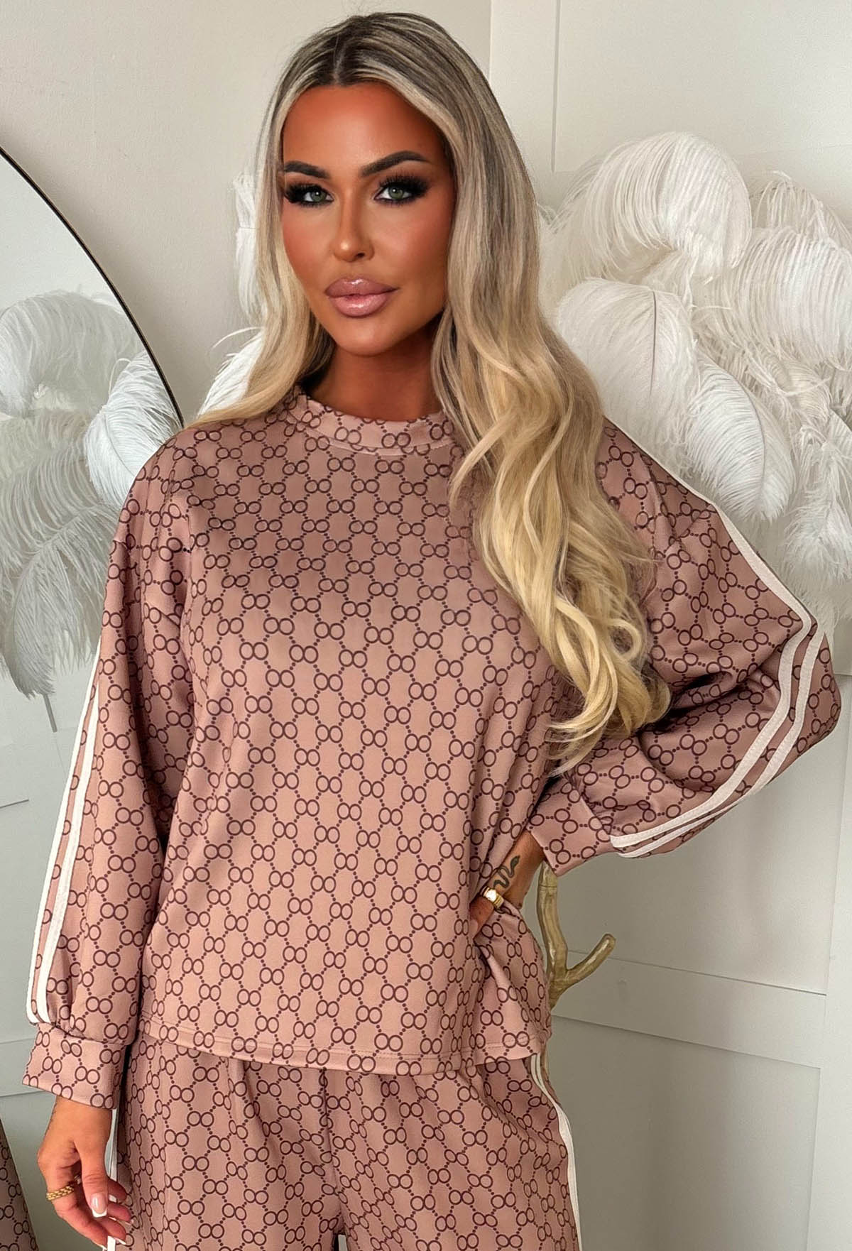 Signature Set Beige Monogram Sweatshirt & Joggers Lounge Co-Ord Set