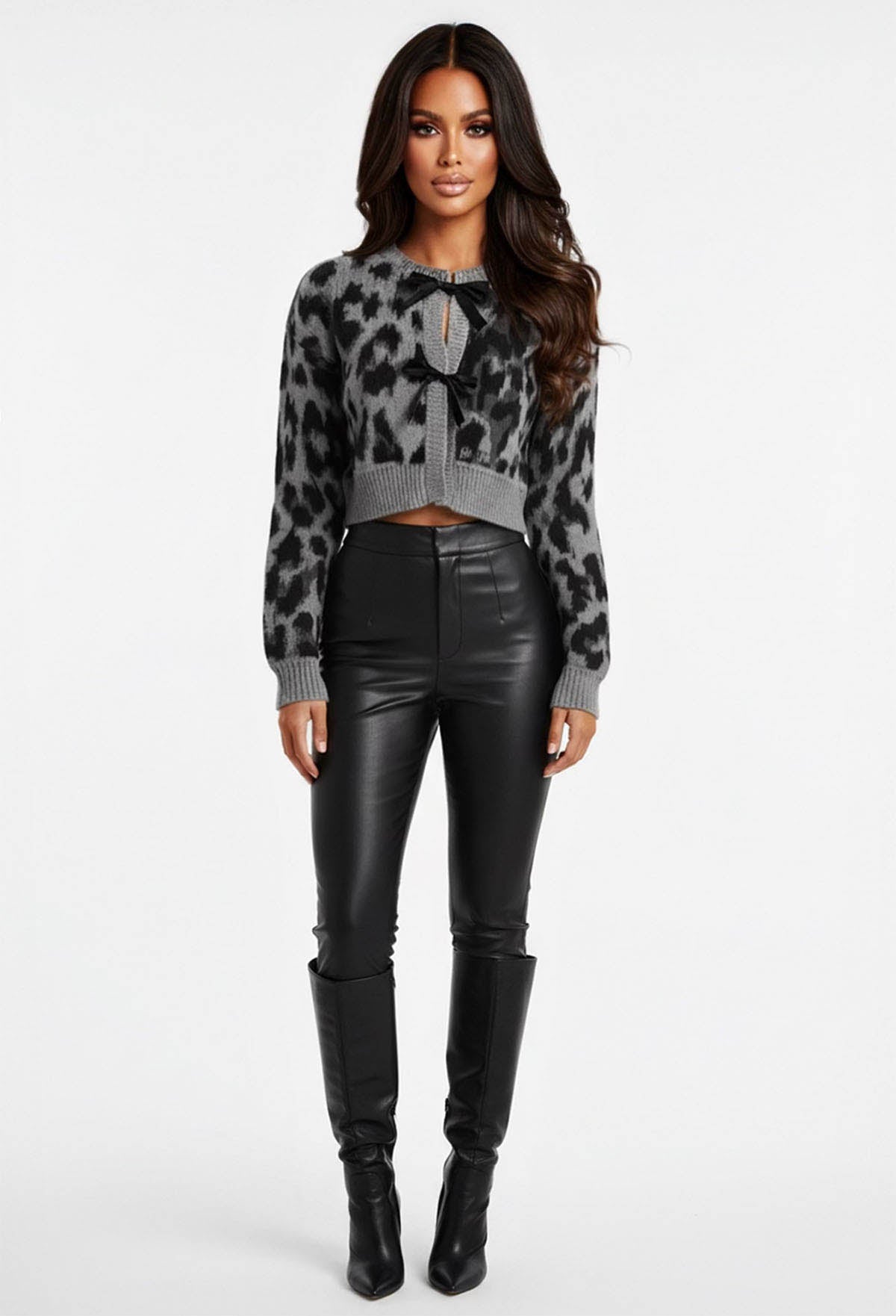 Simple Attraction Grey Leopard Knitted Bow Tie Cardigan