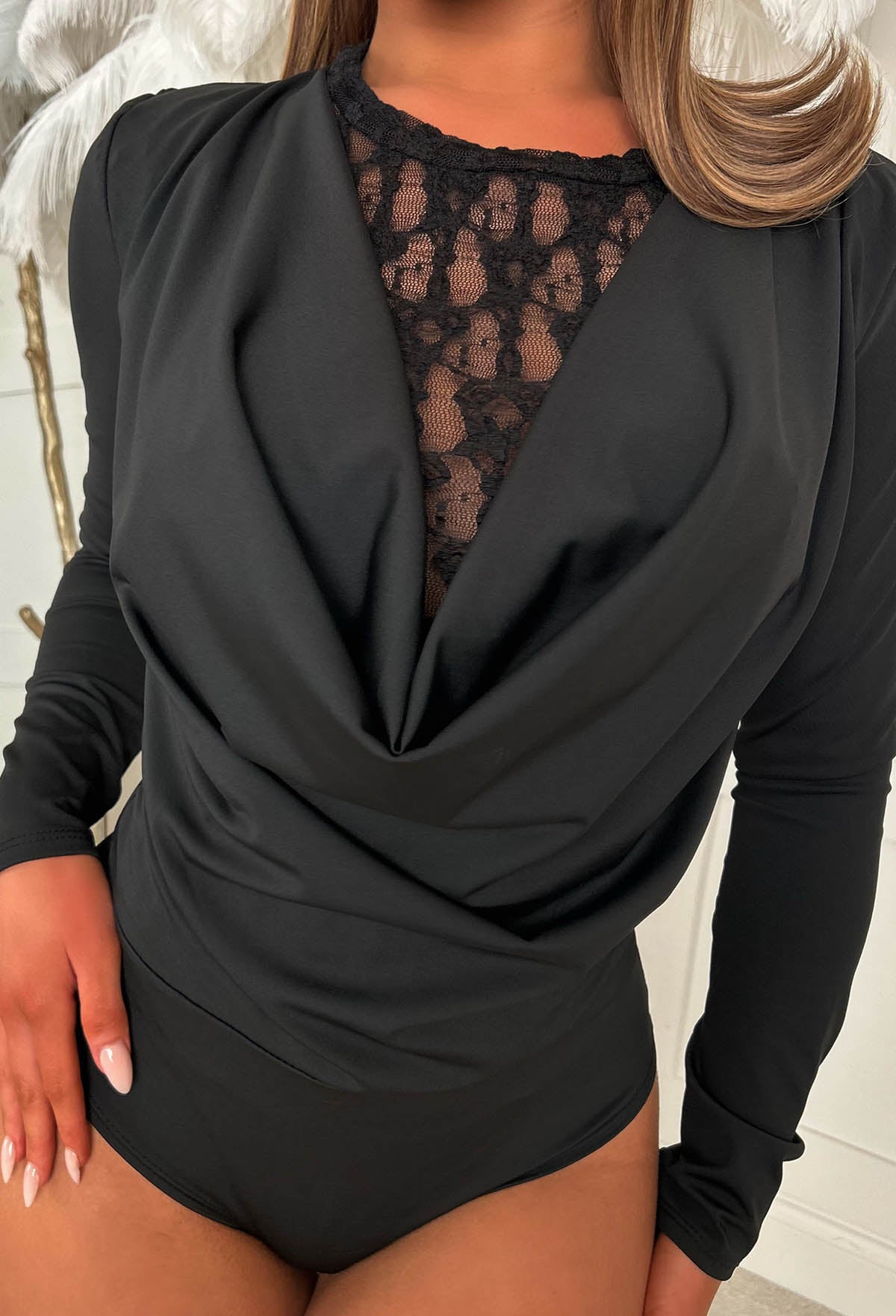 Sinfully Yours Black Cowl Neck Lace Bodysuit