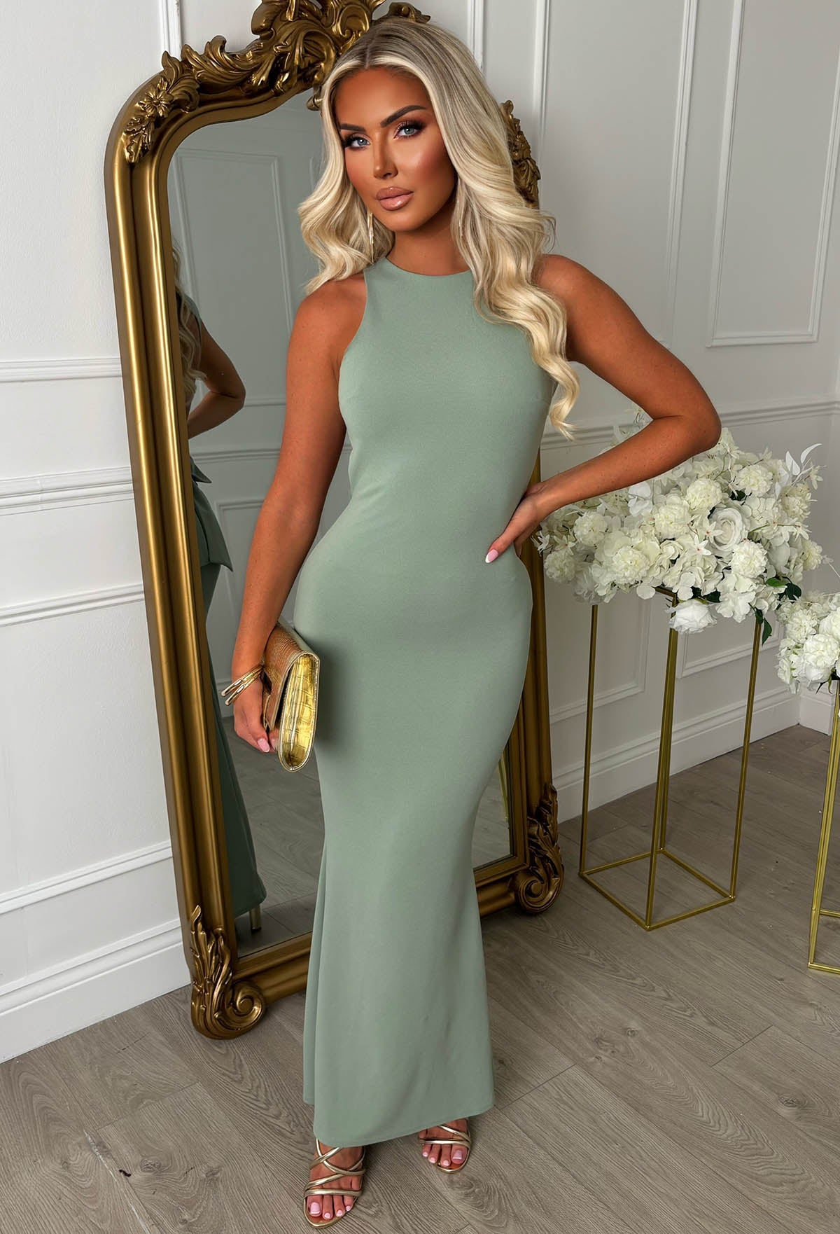 Siren Vibes Sage Green Backless Bow Maxi Dress