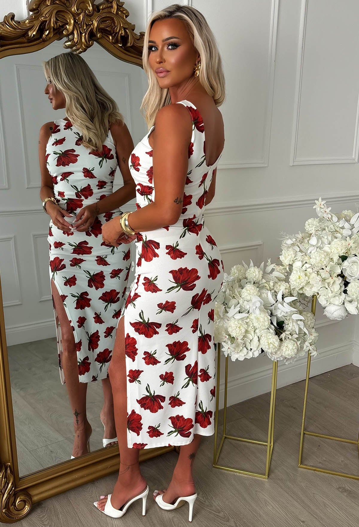 Slay Era Red Floral Side Split Slash Neck Floral Dress