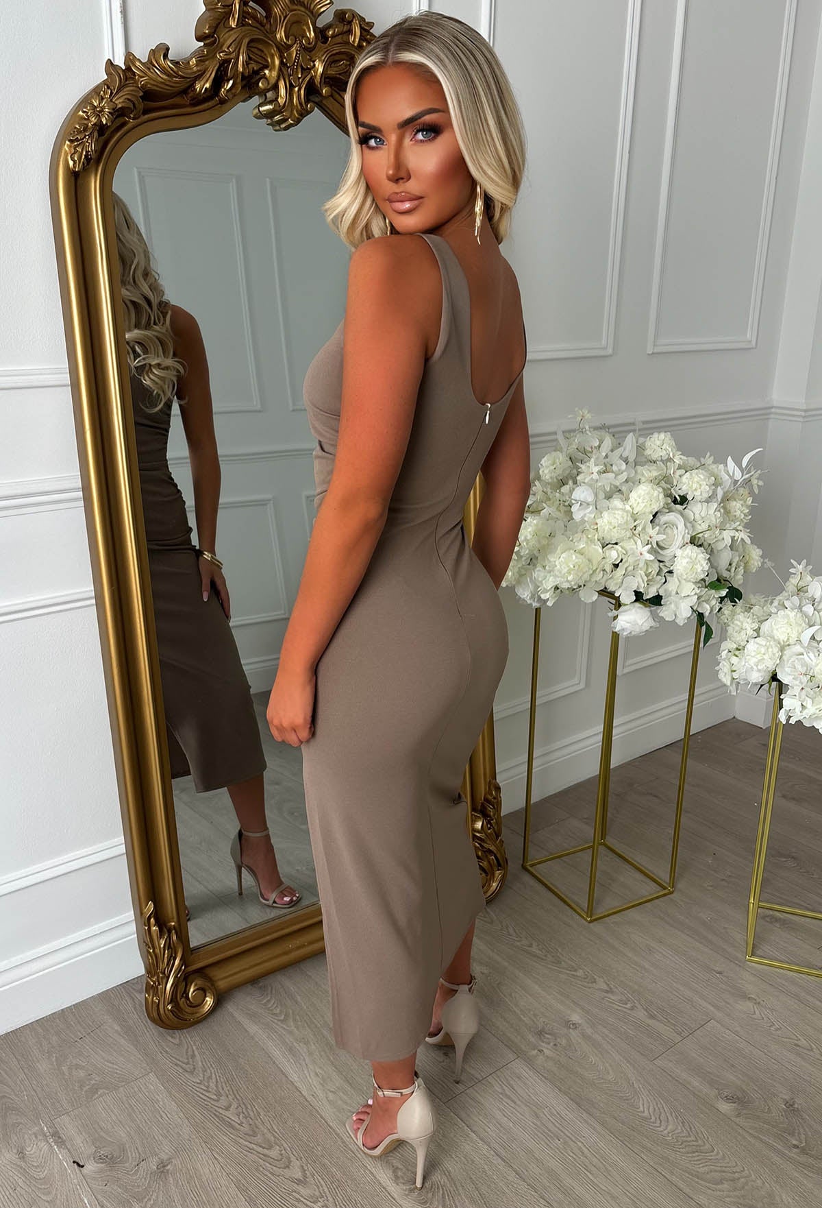 Slay Era Mocha Side Split Slash Neck Dress