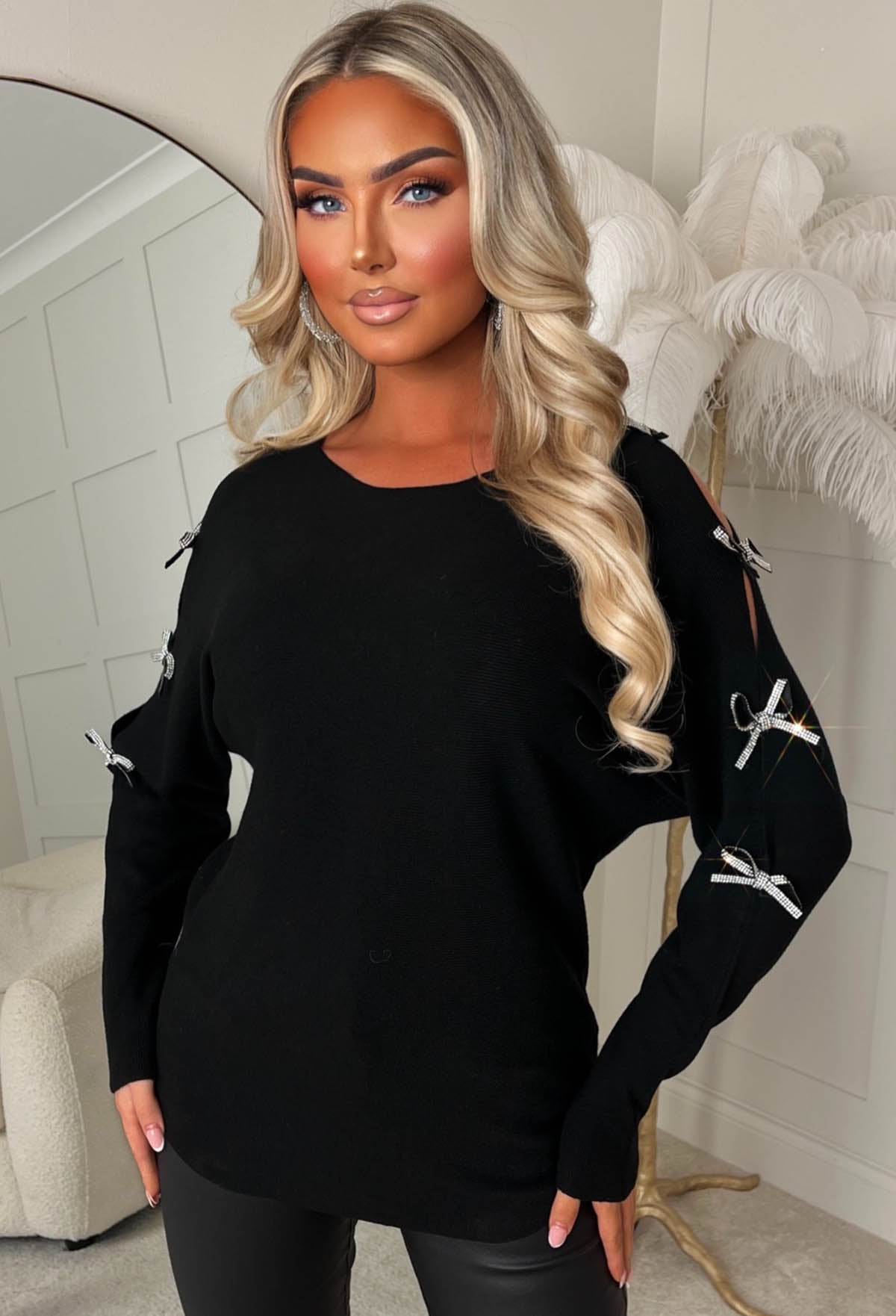 Slay Season Black Diamante Bow Jumper