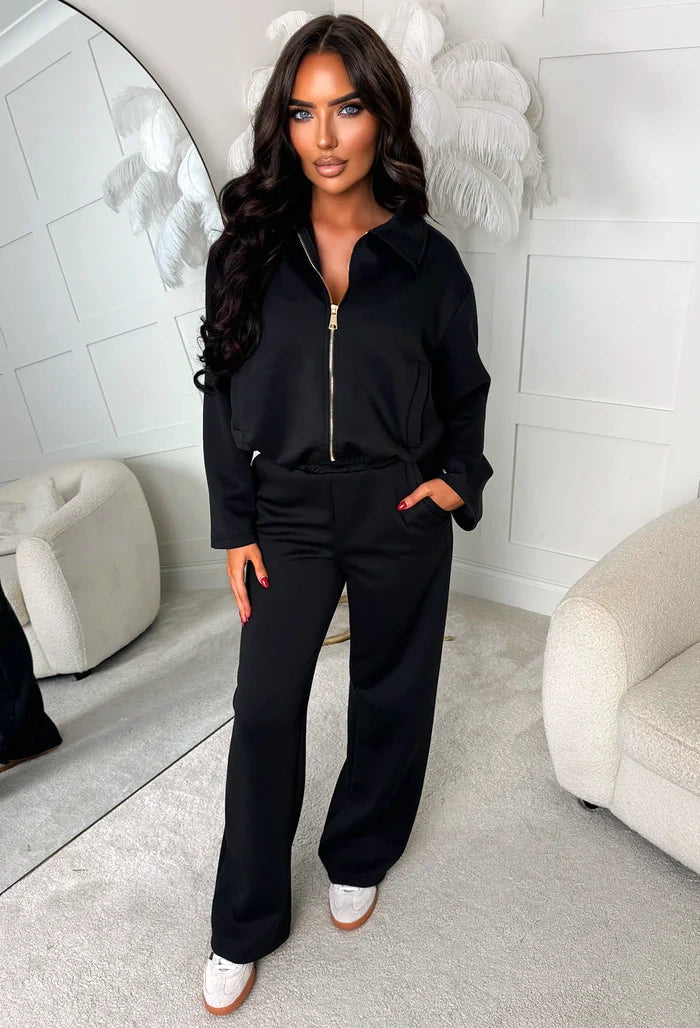Sleek Snug Black Zip Up Lounge Set