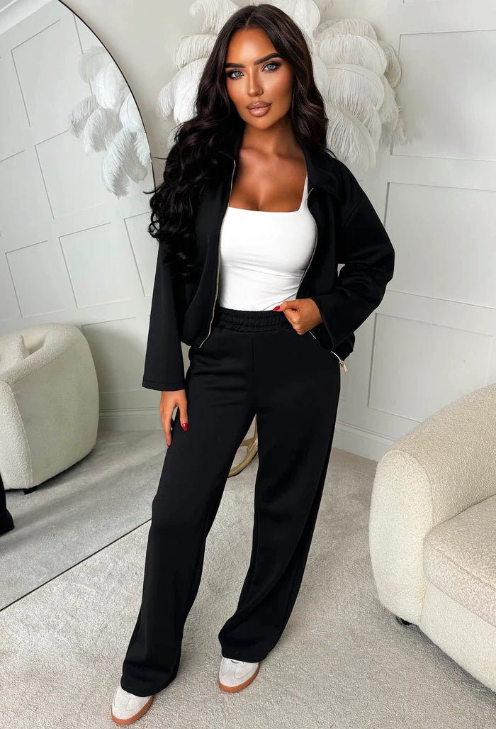 Sleek Snug Black Zip Up Lounge Set