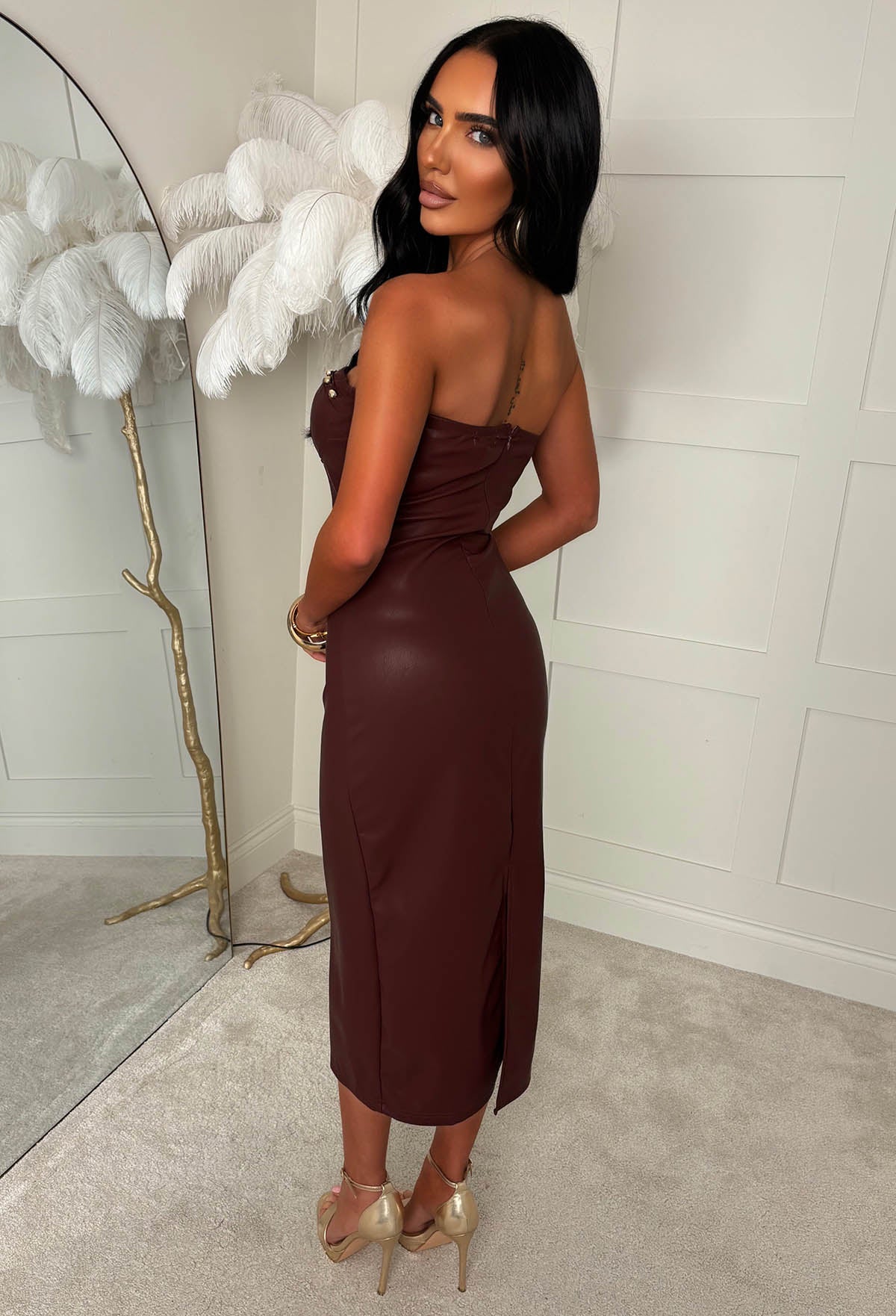 Slick Chick Burgundy Faux Leather Bandeau Pencil Dress