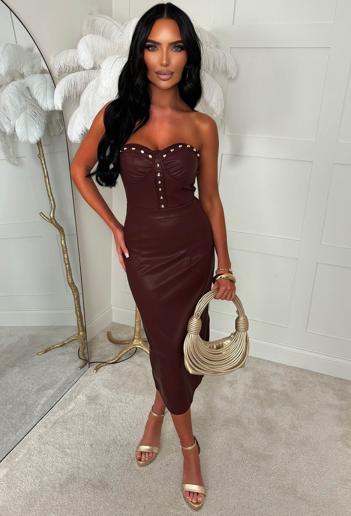 Slick Chick Burgundy Faux Leather Bandeau Pencil Dress