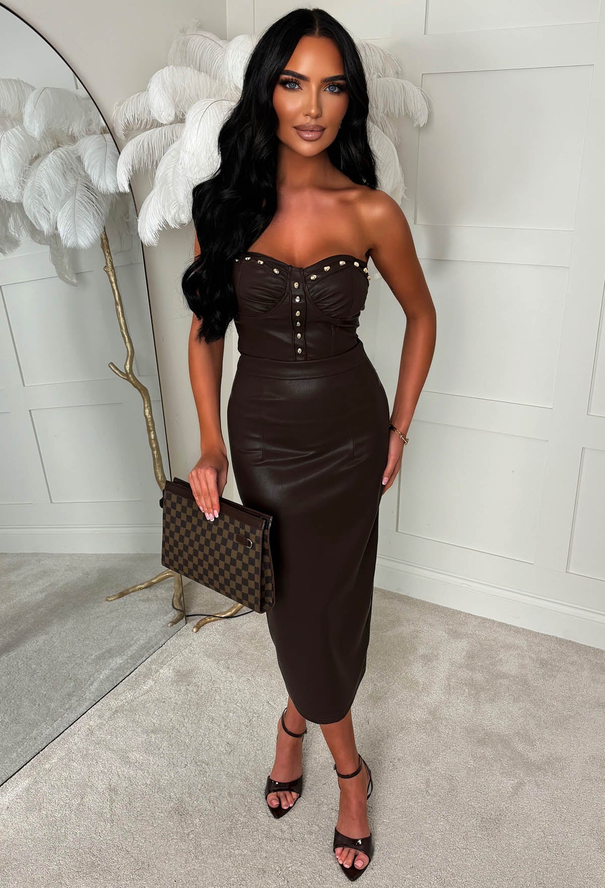 Slick Chick Chocolate Brown Faux Leather Bandeau Pencil Dress