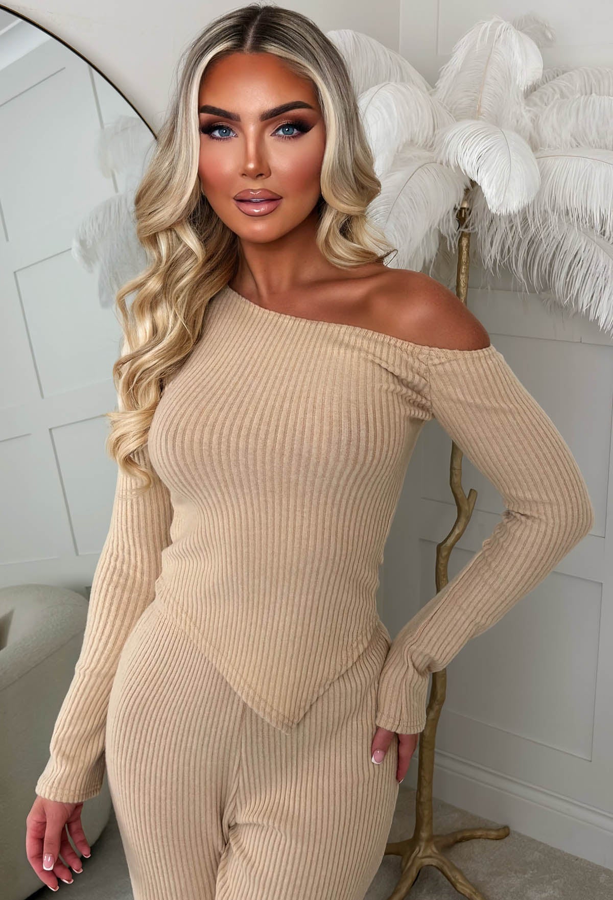 Snatched & Slouchy Cream Ribbed Off Shoulder Lounge Co-Ord Set