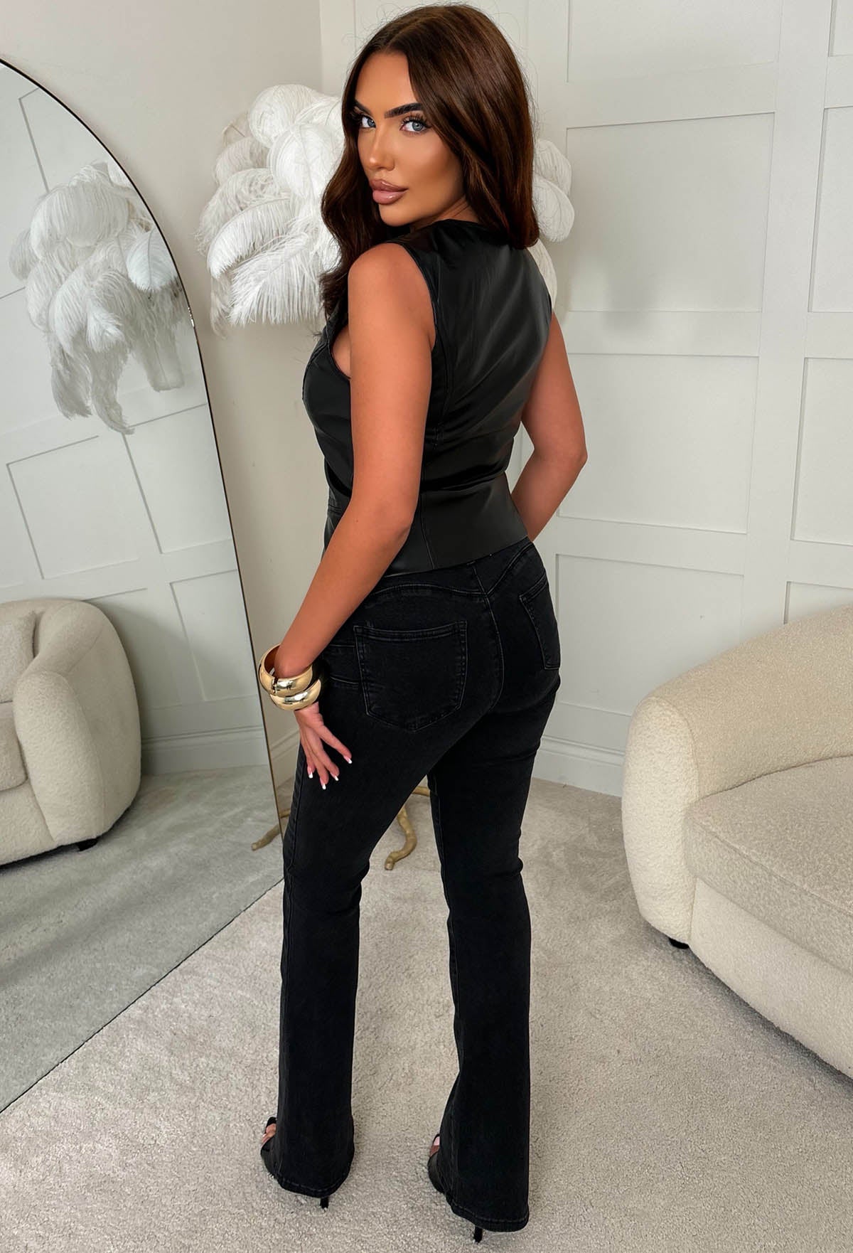 Snatched Up Black Leather Gold Button Waistcoat