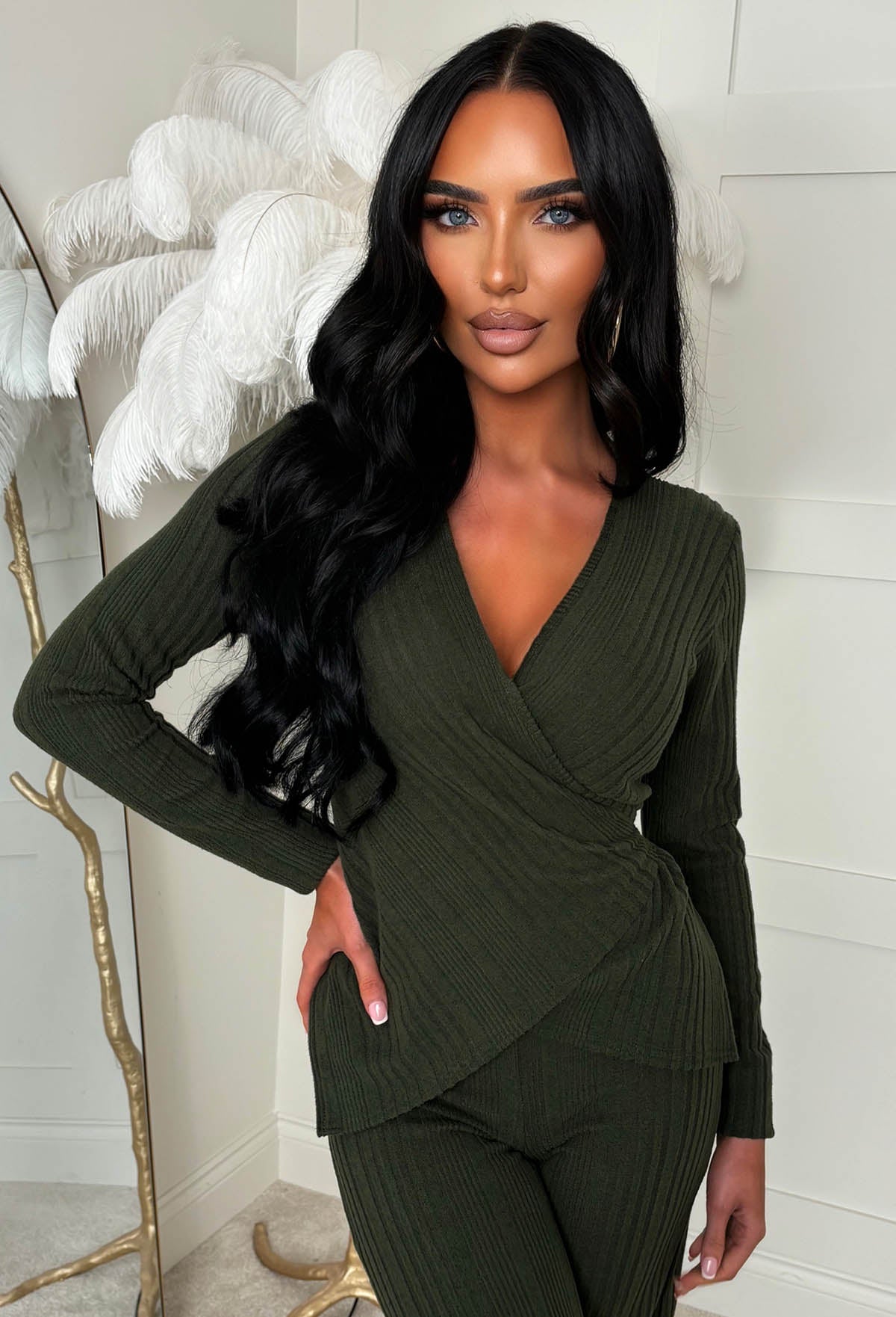 Snug Bug Khaki Ribbed Wrap Top & Trousers Loungewear Set