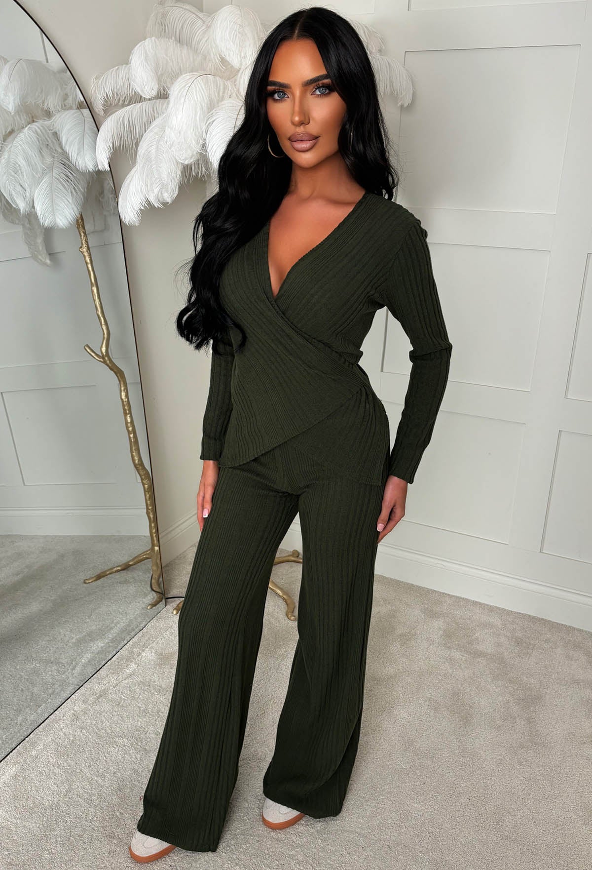 Snug Bug Khaki Ribbed Wrap Top & Trousers Loungewear Set