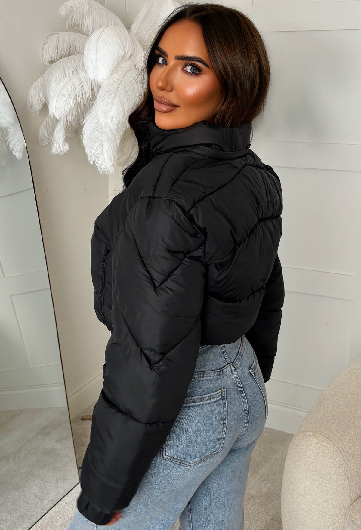 Snug Shadow Black Cropped Faux Fur Lined Padded Coat