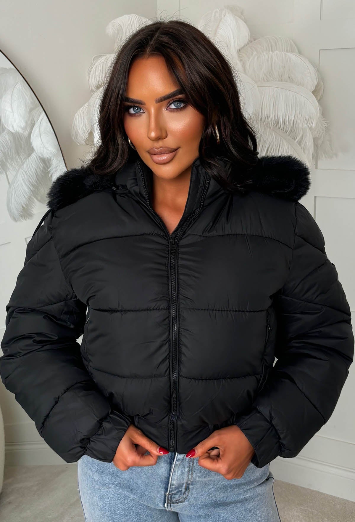 Snug Shadow Black Cropped Faux Fur Lined Padded Coat