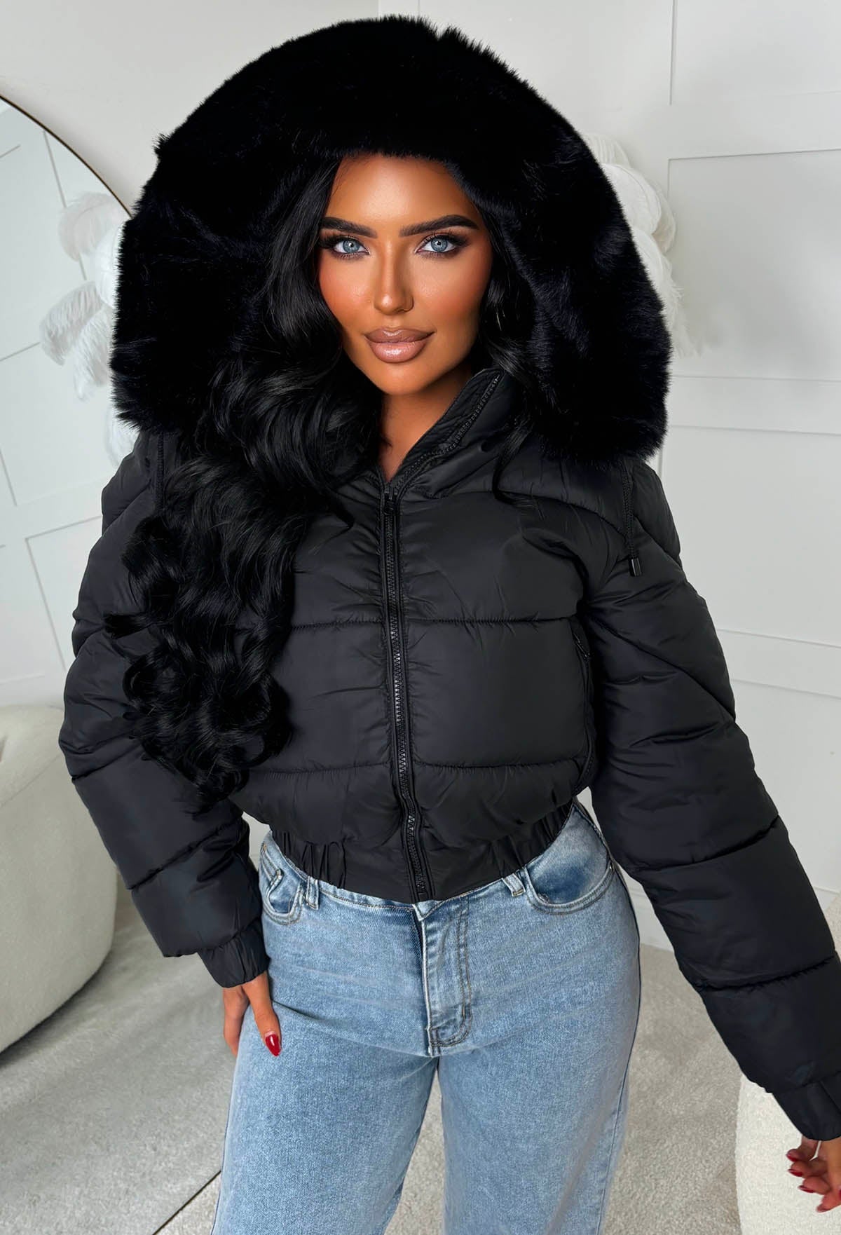 Snug Shadow Black Cropped Faux Fur Lined Padded Coat