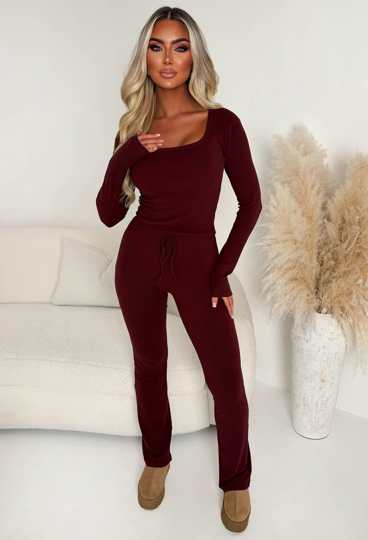 Snug Time Burgundy Square Neck Soft Top & Trousers Lounge Co-Ord Set