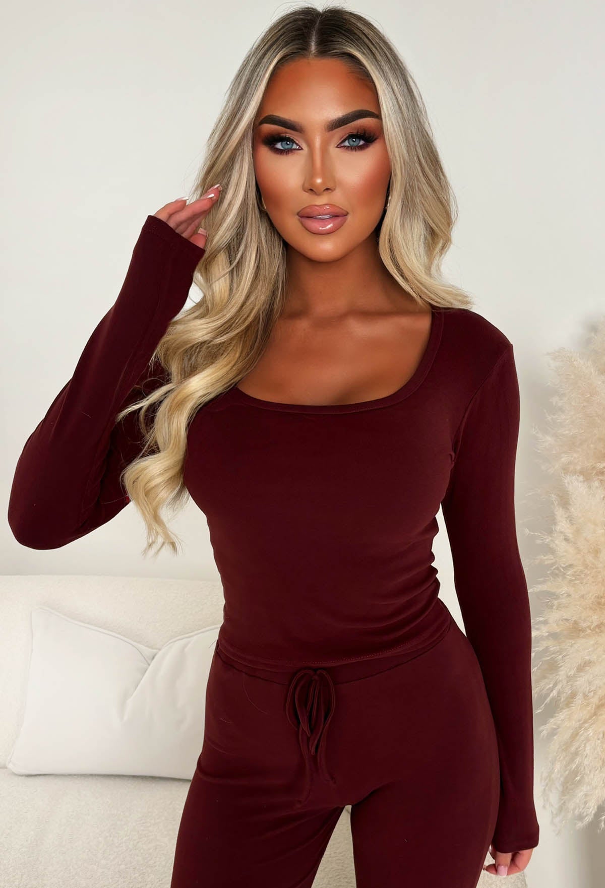 Snug Time Burgundy Square Neck Soft Top & Trousers Lounge Co-Ord Set