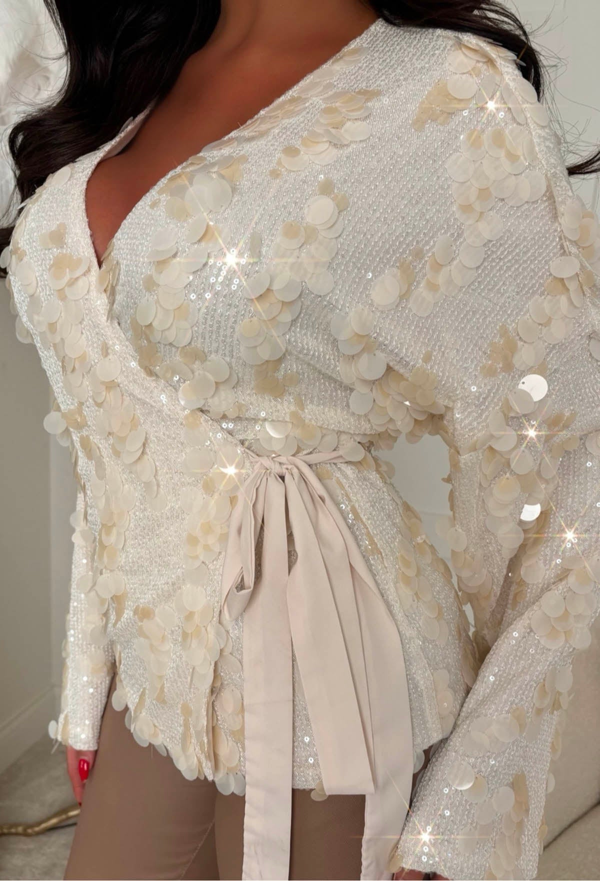 So Iconic Cream Sequin Wrap Tie Top