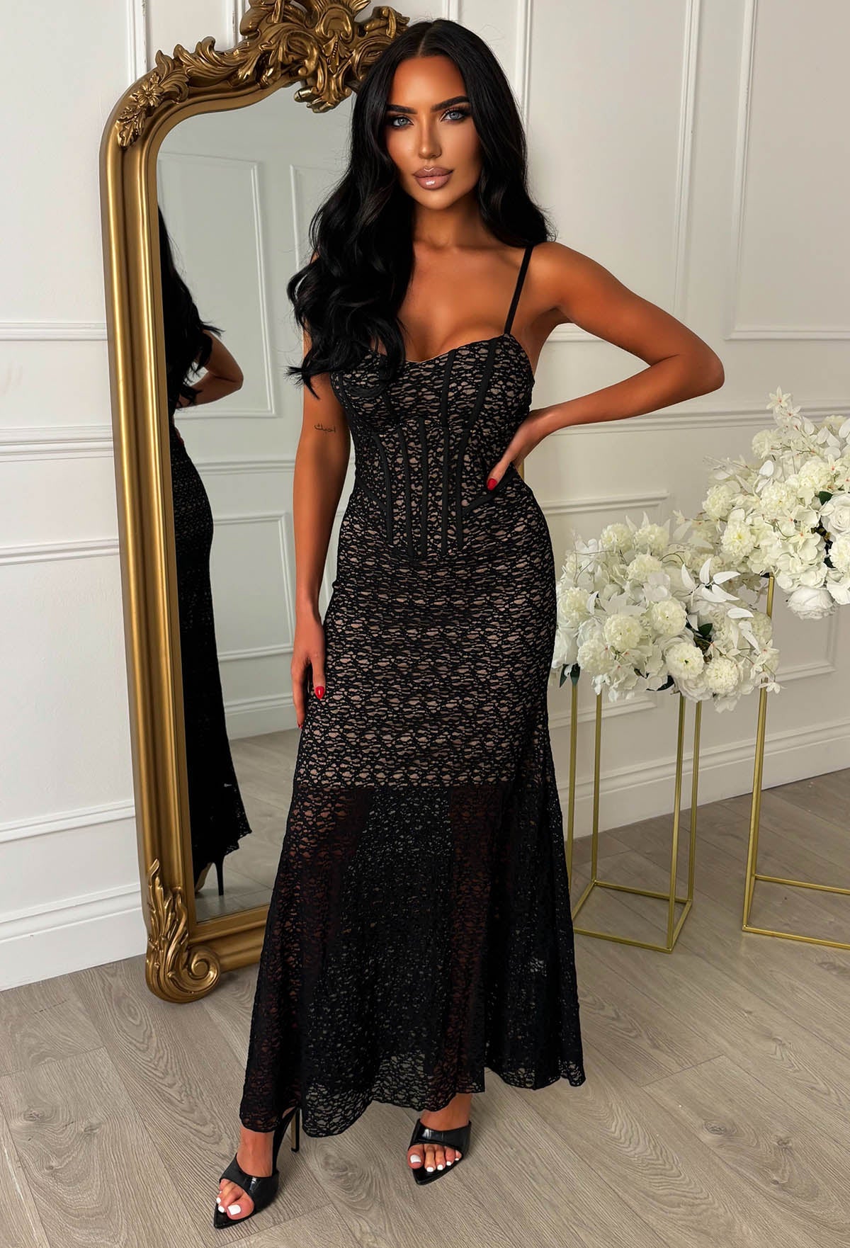Soft Allure Black Fitted Lace Maxi Dress